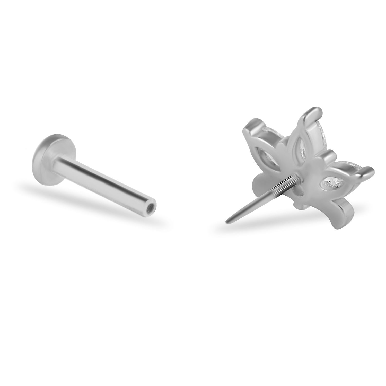 Lotus stud piercing earring with clear zircons - 14K Solid White Gold