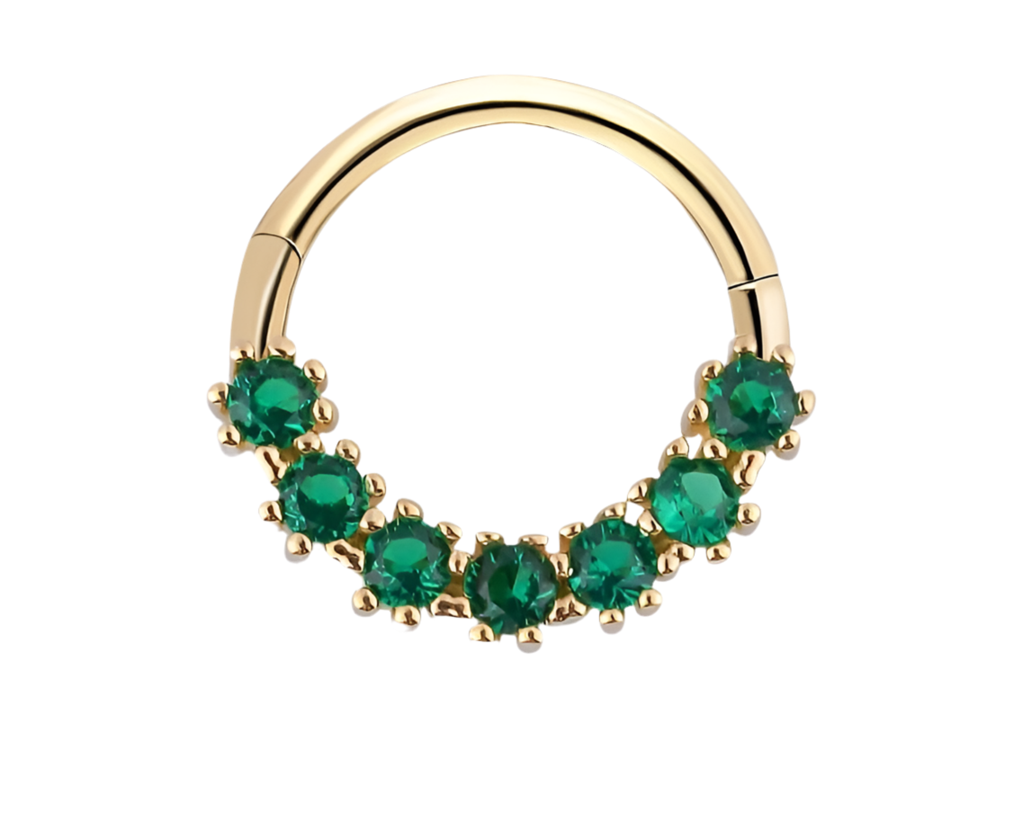 8mm Hoop piercing earring with green zircons - 14K Solid Yellow Gold