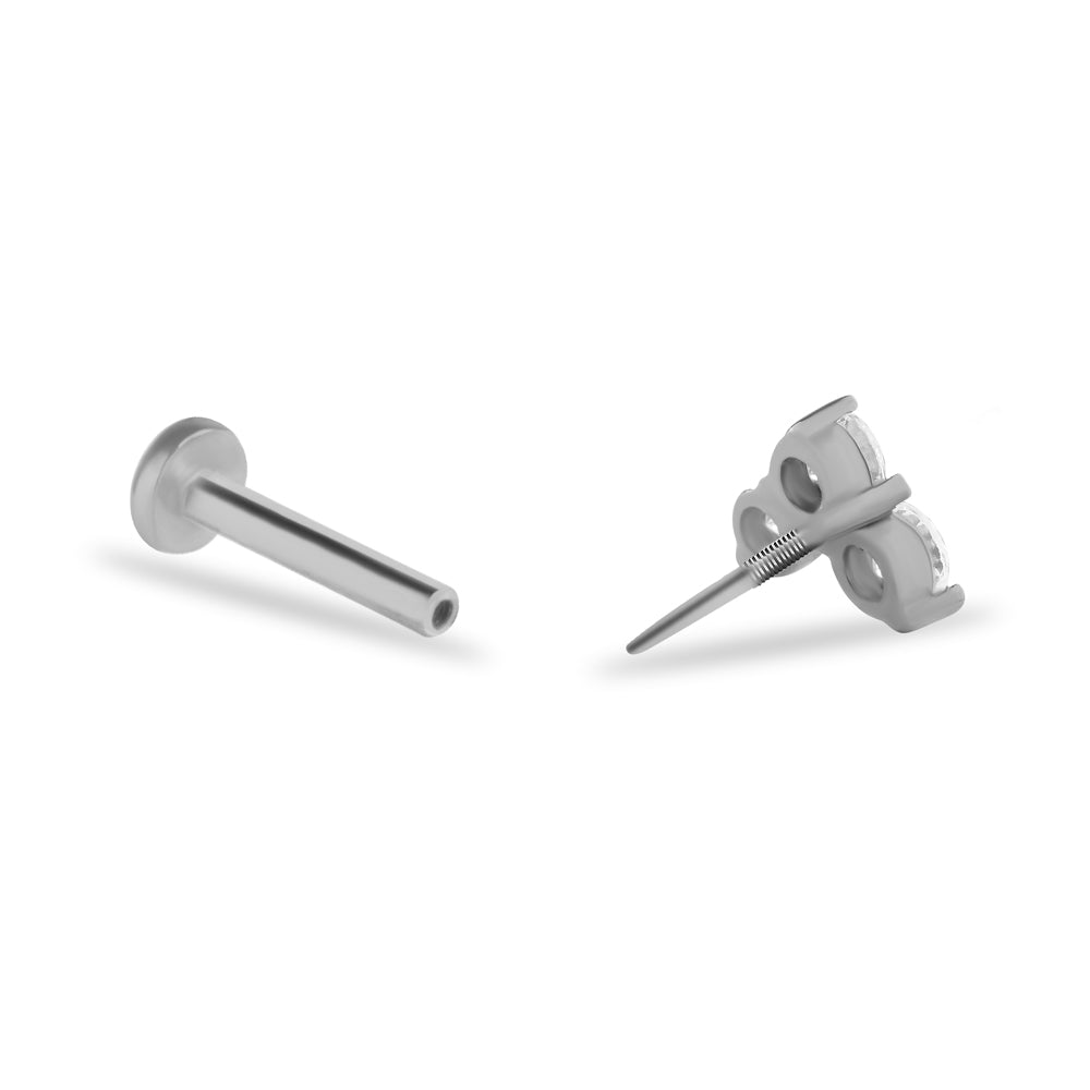 Stud piercing earring with clear zircons - 14K Solid White Gold