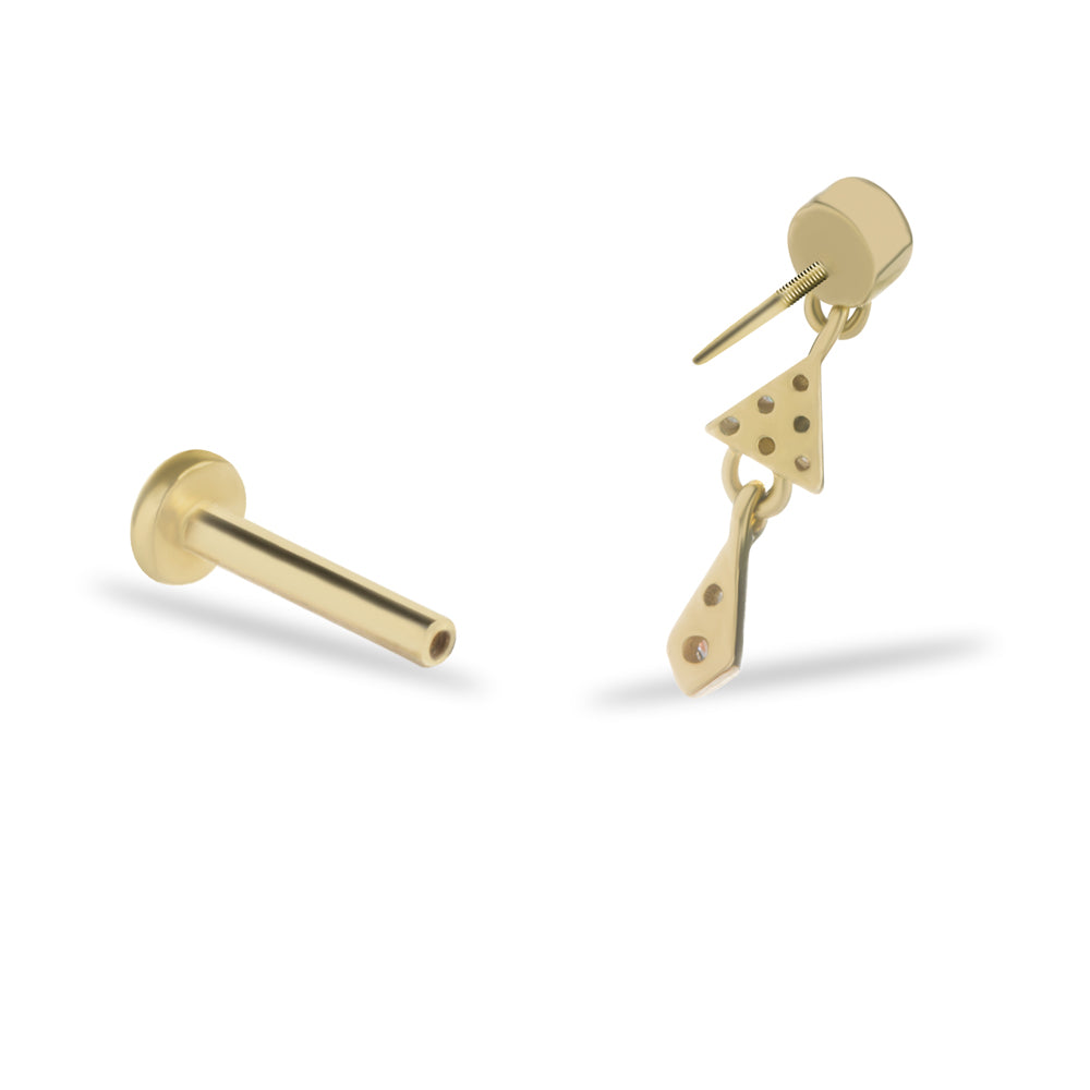 Stud piercing earring with clear zircon & hanging chain - 14K Solid Yellow Gold