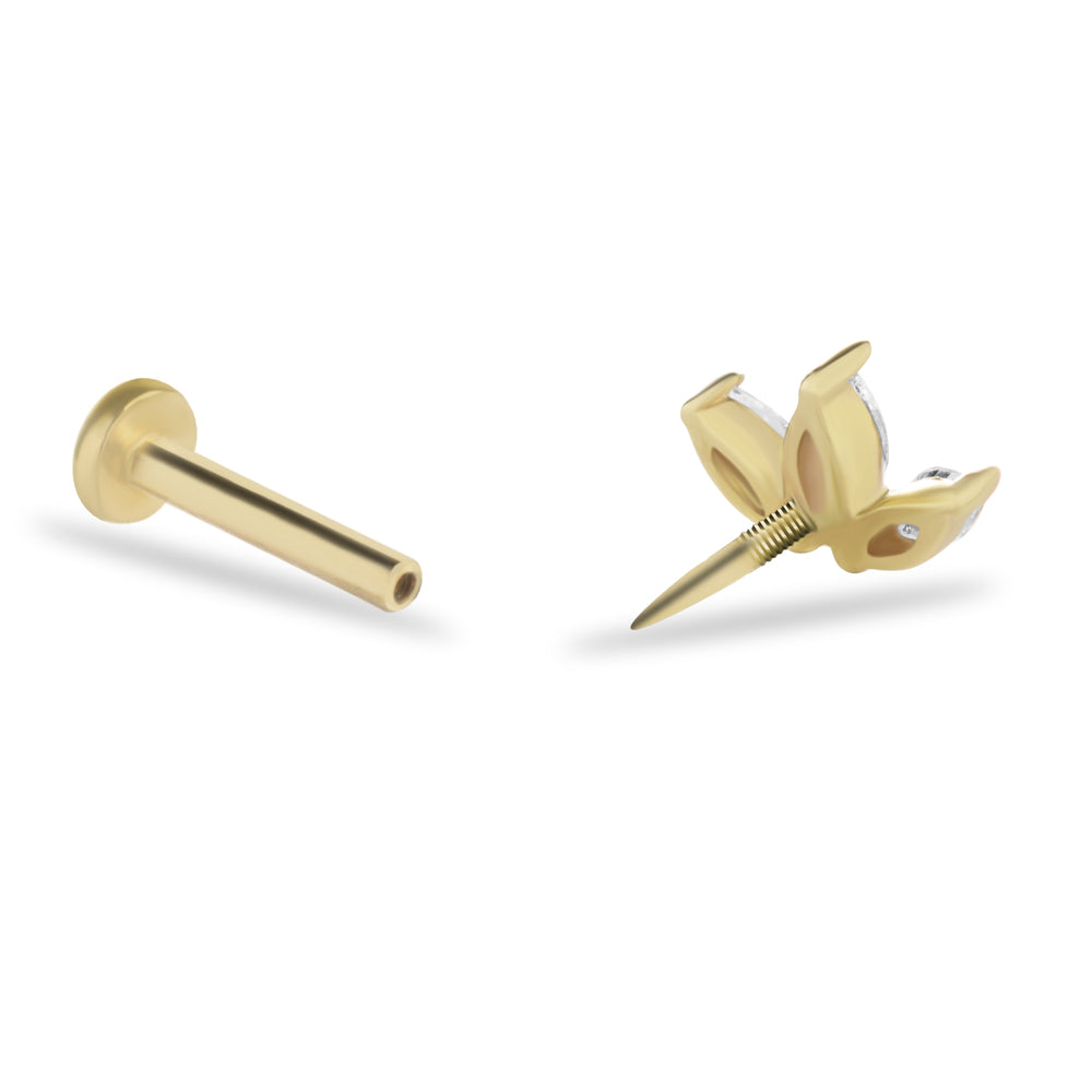 Lotus flower stud piercing earring with clear zircons - 14K Solid Yellow Gold