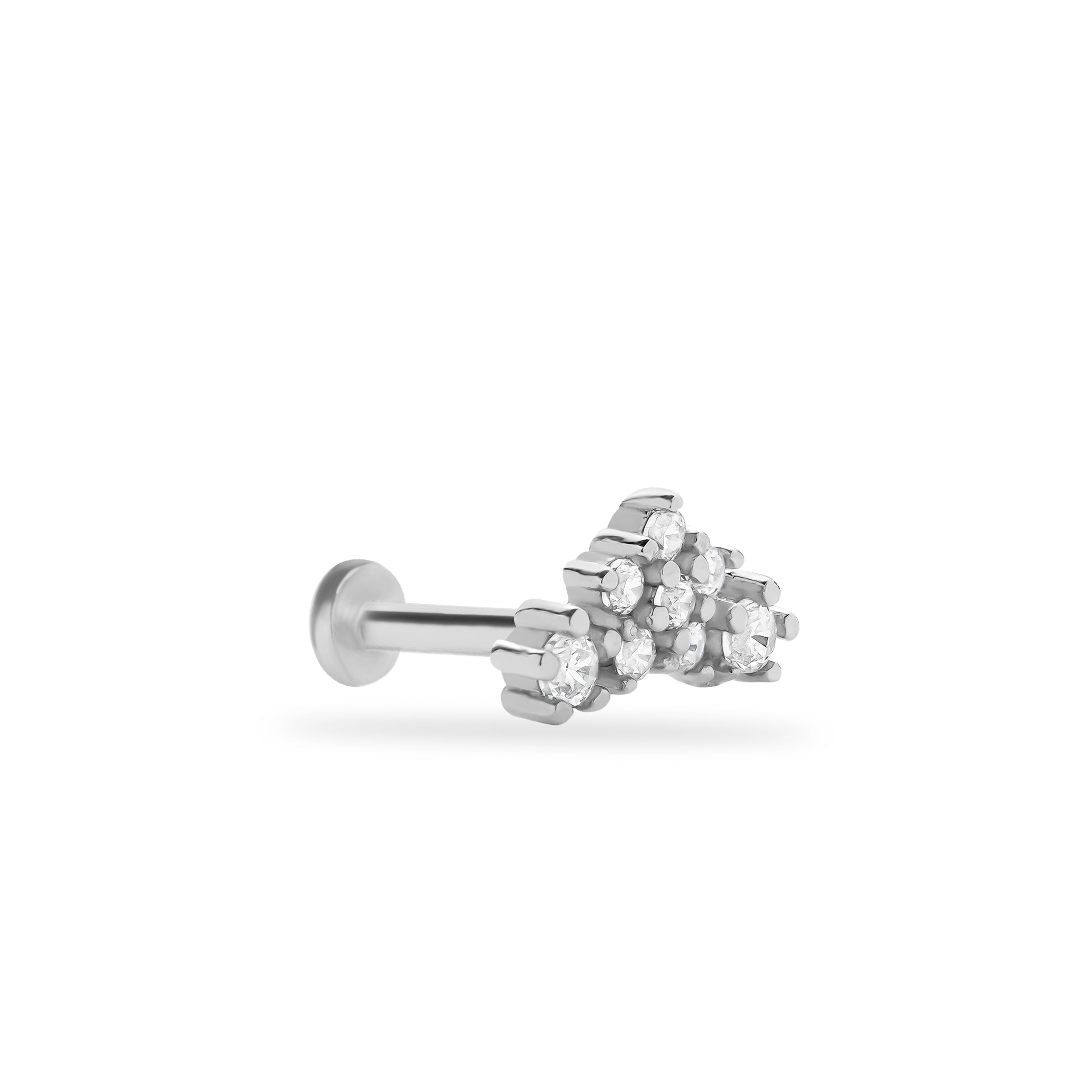 Flower stud piercing earring with clear zircons - 14K Solid White Gold