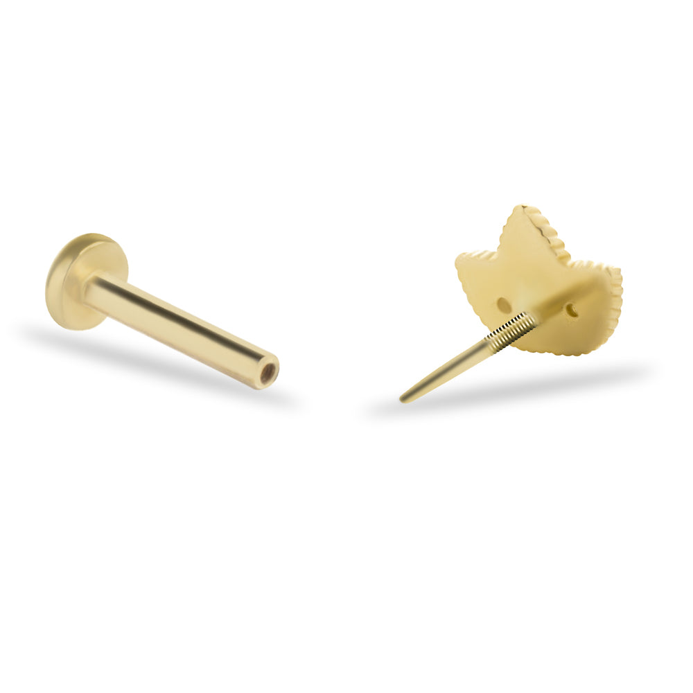 Lotus stud piercing earring with clear zircons - 14K Solid Yellow Gold