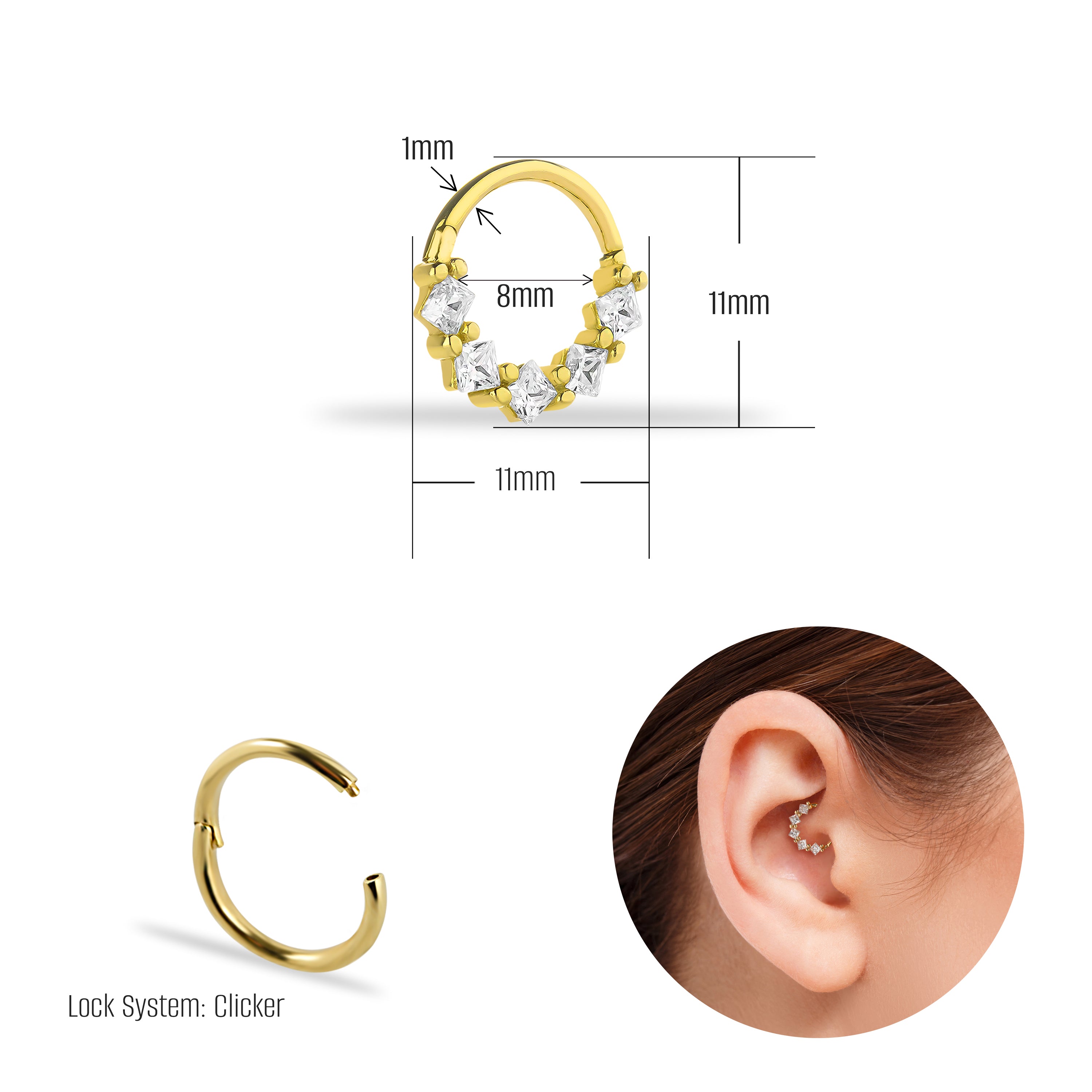 8mm Hoop piercing earring with clear zircons - 14K Solid Yellow Gold
