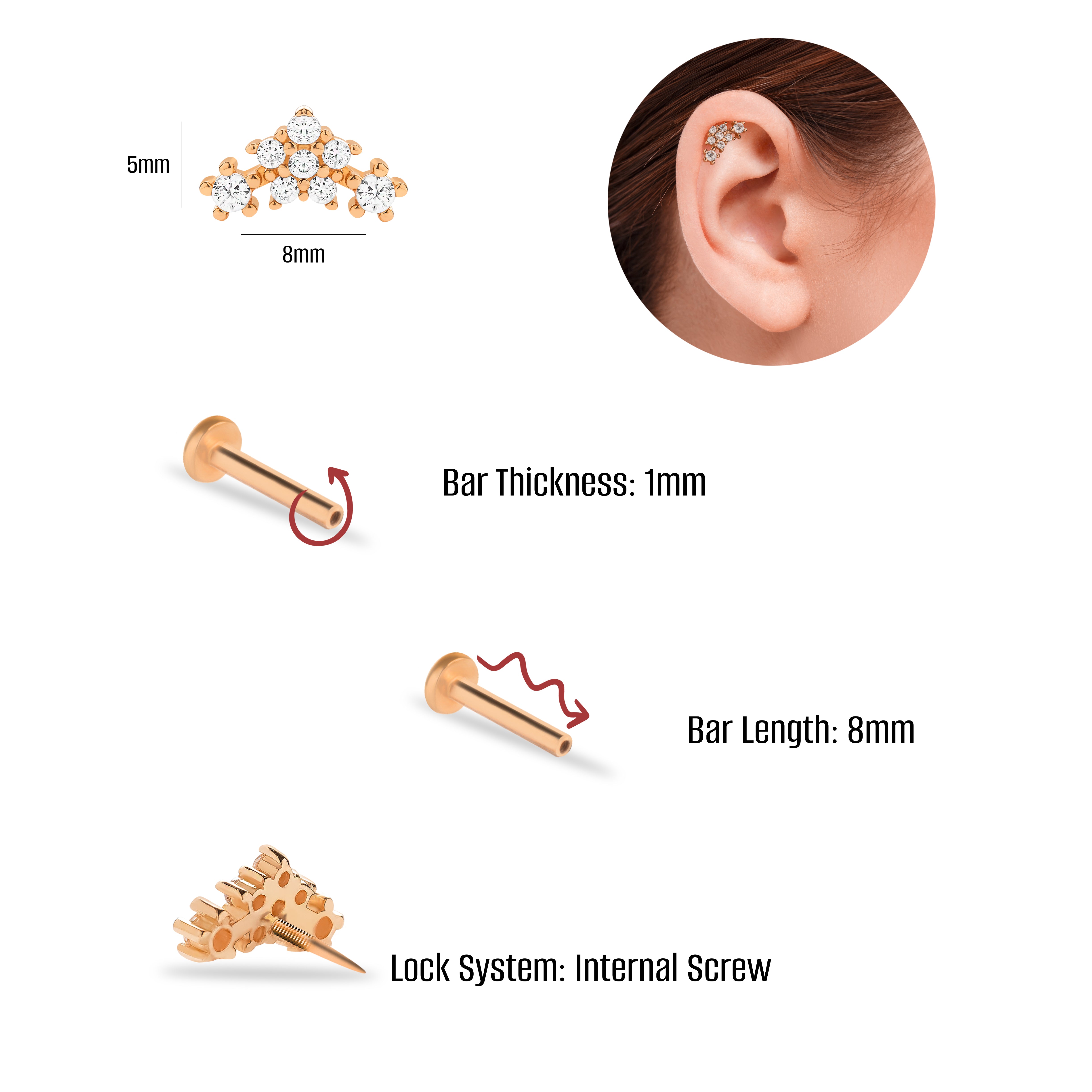 Flower stud piercing earring with clear zircons  - 14K Solid Rose Gold