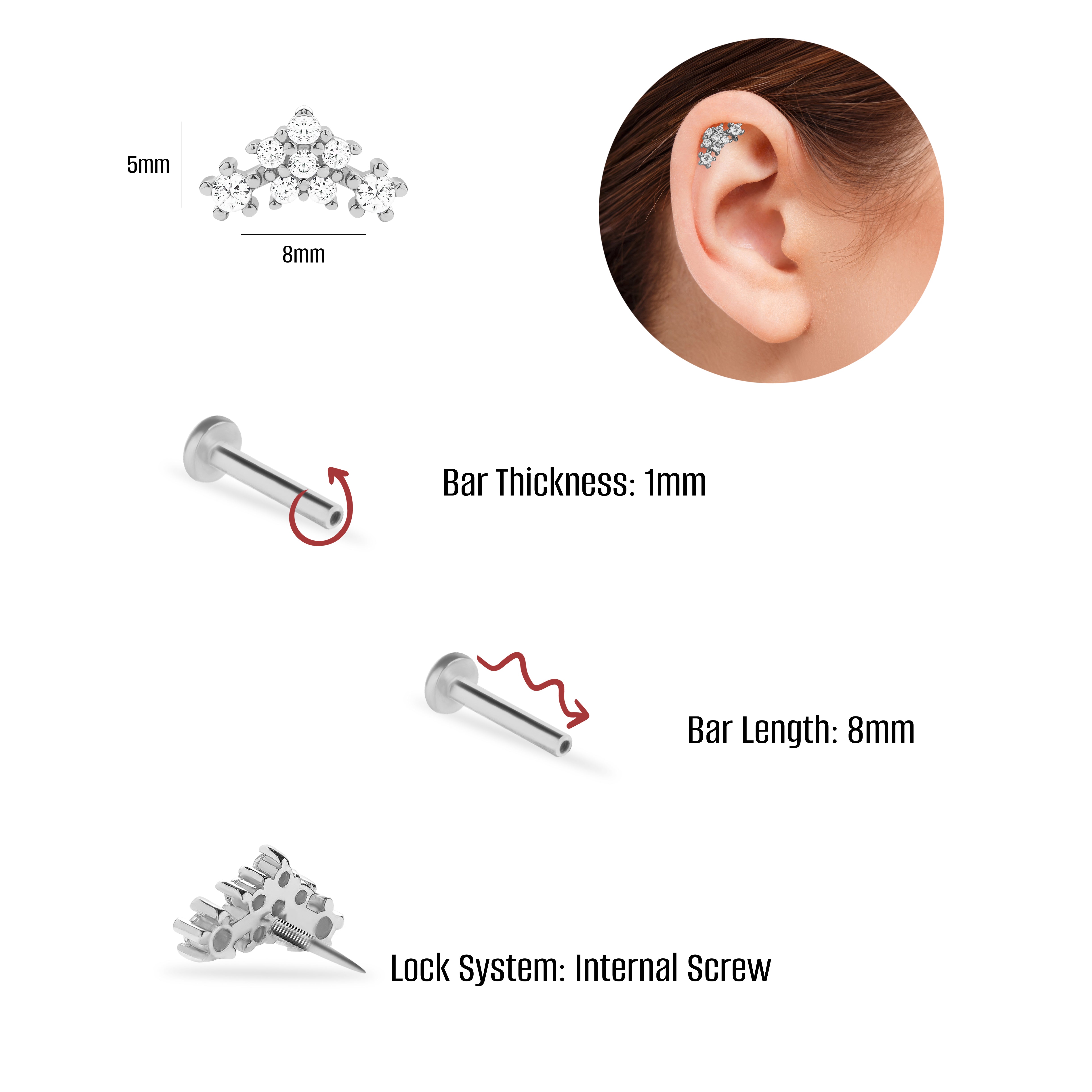 Flower stud piercing earring with clear zircons - 14K Solid White Gold