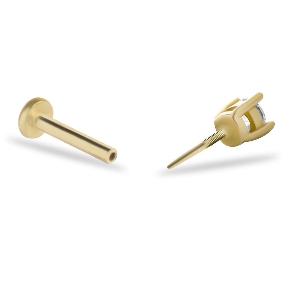 Dot stud piercing earring with zircon - 14K Solid Yellow Gold