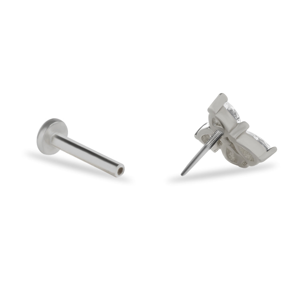 Lotus flower stud piercing earring with clear zircons - 14K Solid White Gold