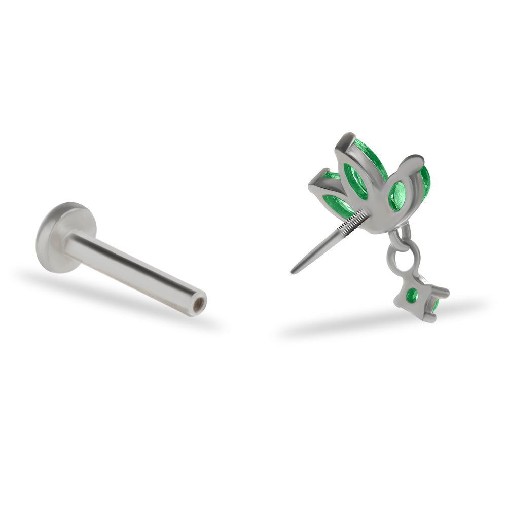 Lotus flower stud piercing earring with green zircons & hanging chain - 14K Solid White Gold