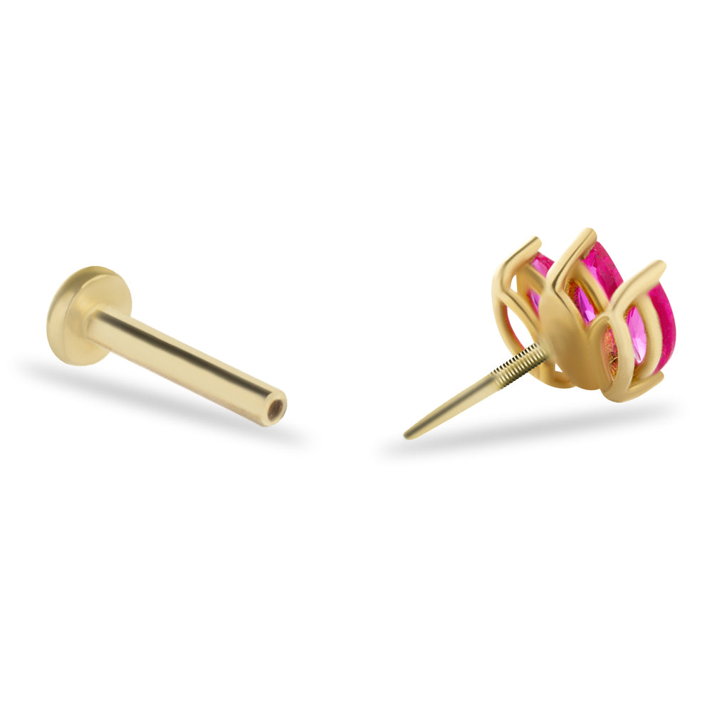 Lotus stud piercing earring in red zircons - 14K Solid Yellow Gold