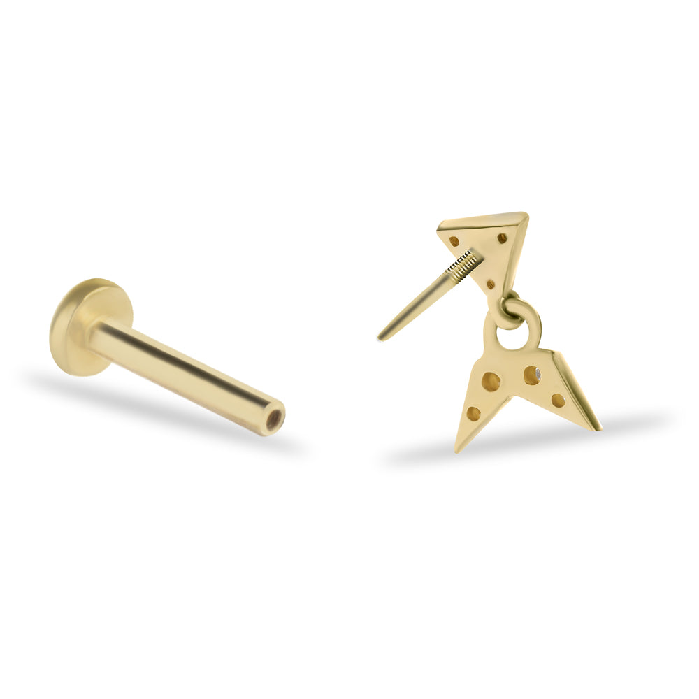 Stud piercing earring with hanging chain & clear zircons - 14K Solid Yellow Gold