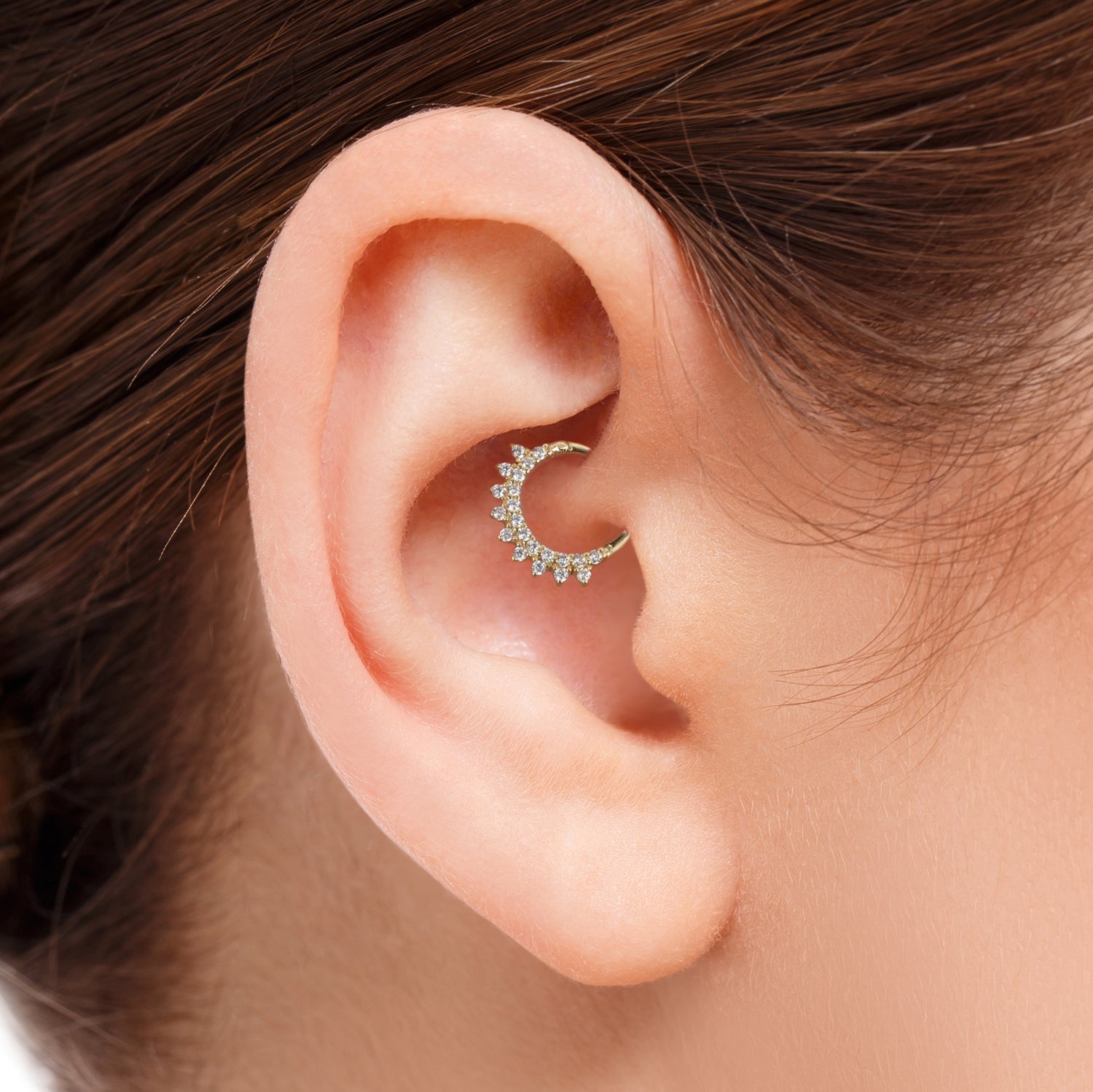 8mm Hoop piercing earring with clear zircons - 14K Solid Yellow Gold