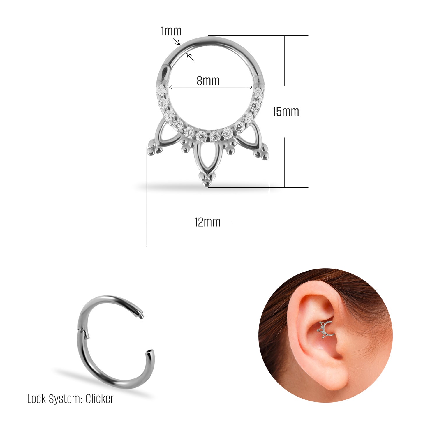 8mm Hoop piercing earring with clear zircons - 14K Solid White Gold