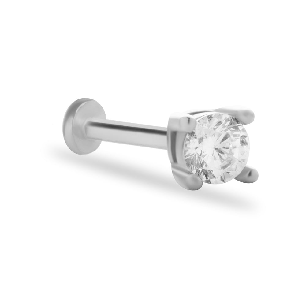 Dot stud piercing earring with clear zircons - 14K Solid White Gold