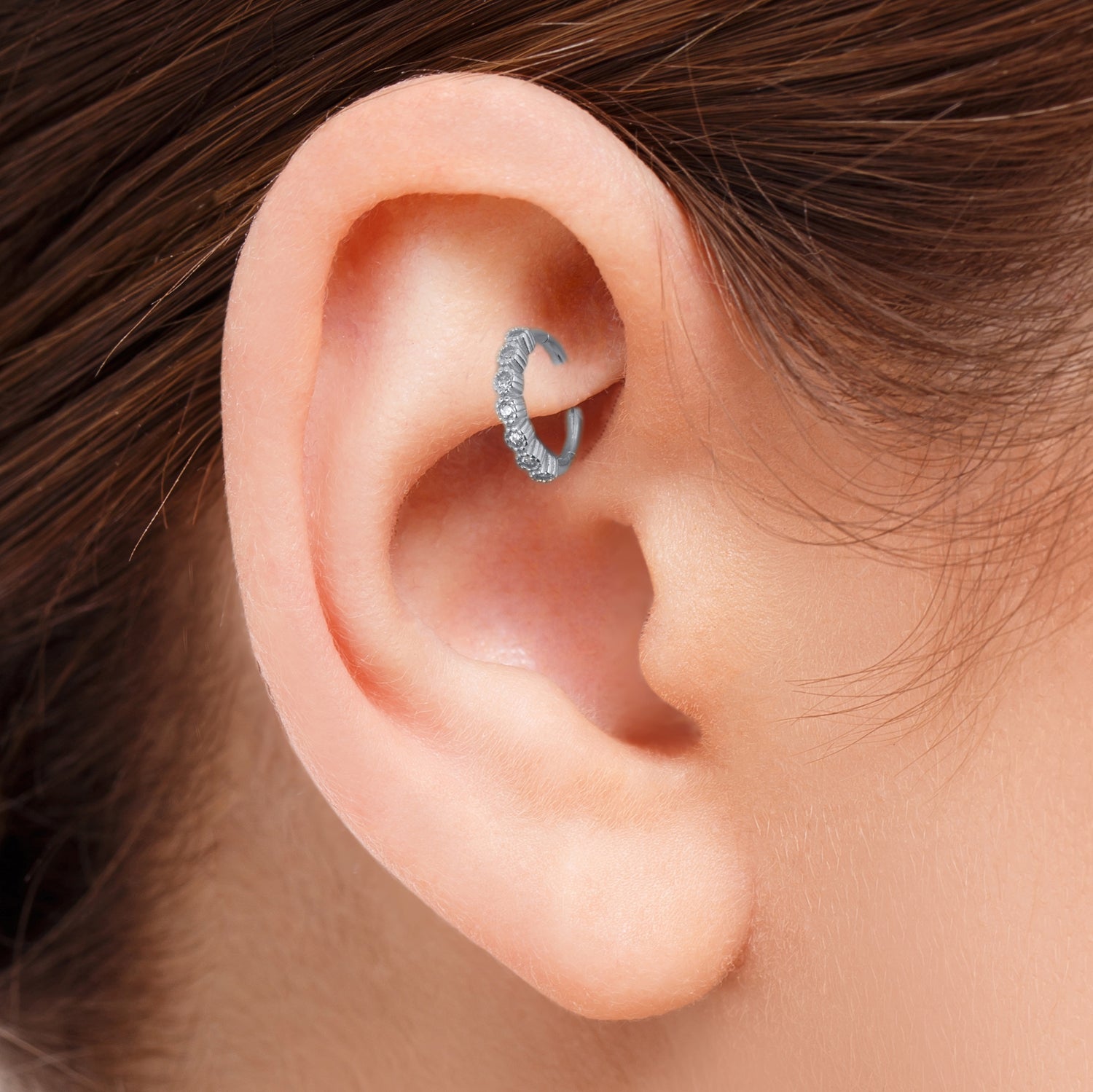 Hoop piercing earring with clear zircons - 14K Solid White Gold