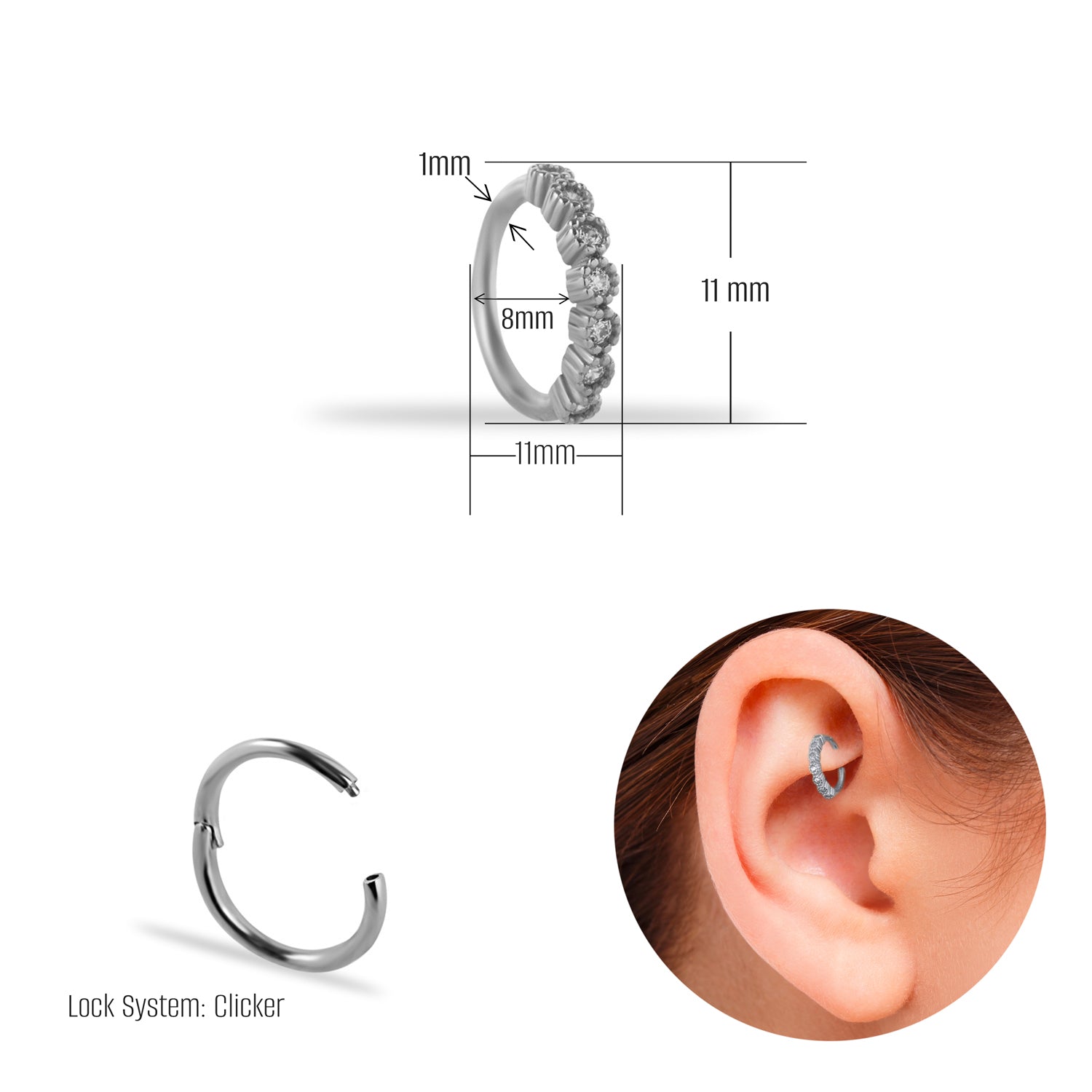 Hoop piercing earring with clear zircons - 14K Solid White Gold