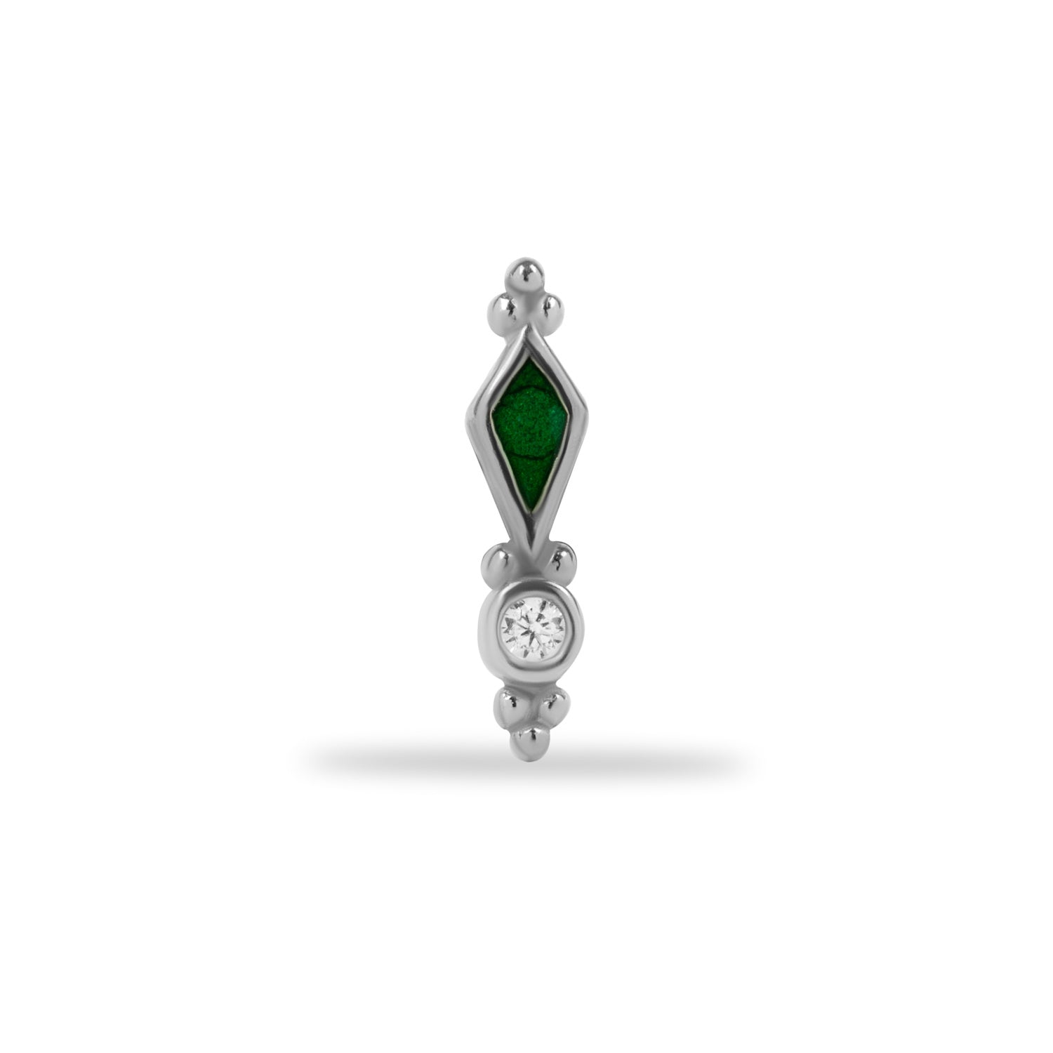 Stud piercing earring with green enamel and clear zircon - 14K Solid White Gold