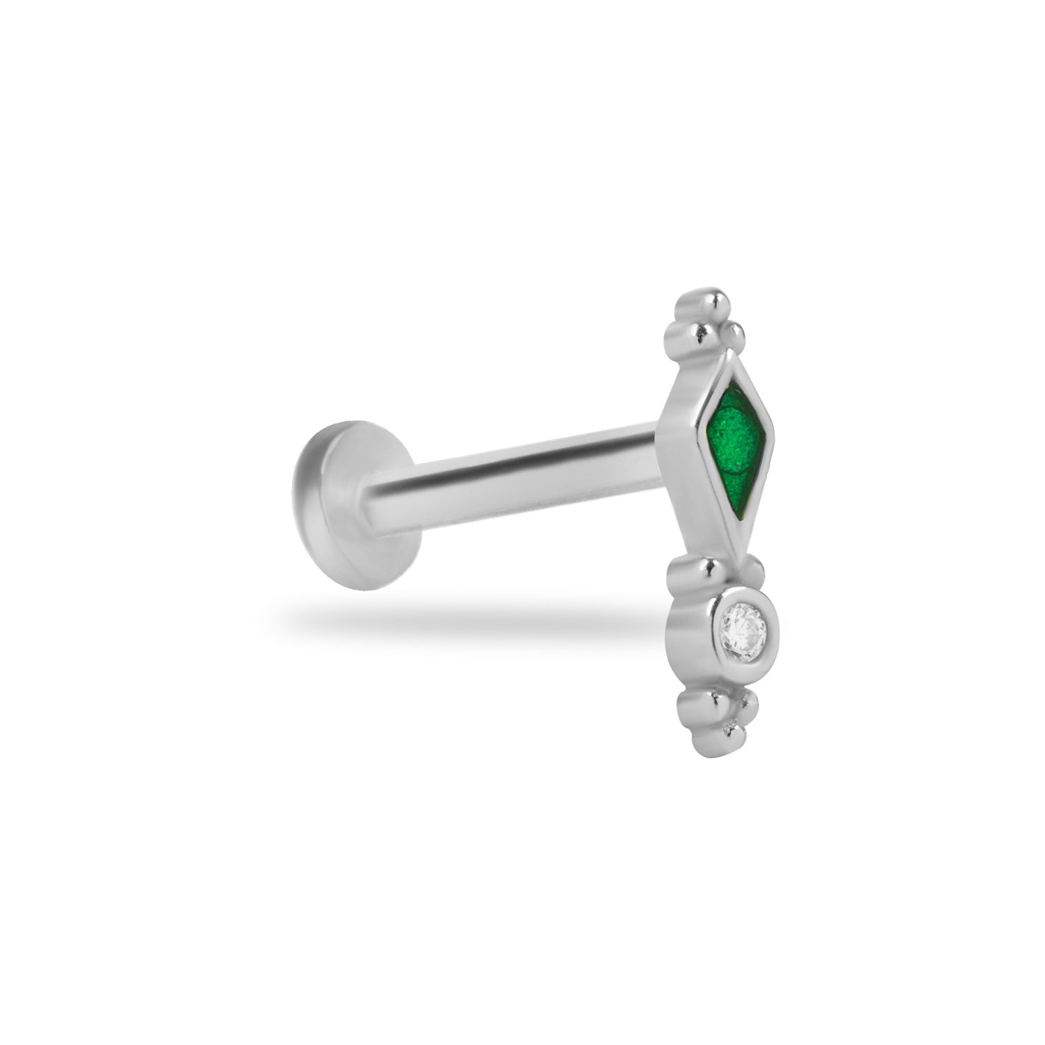 Stud piercing earring with green enamel and clear zircon - 14K Solid White Gold