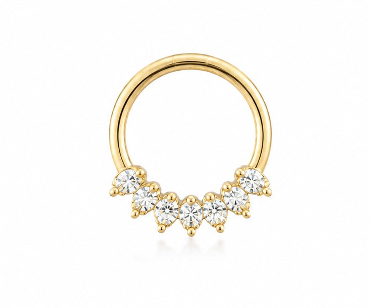 8mm Hoop piercing earring with clear zircons - 14K Solid Yellow Gold
