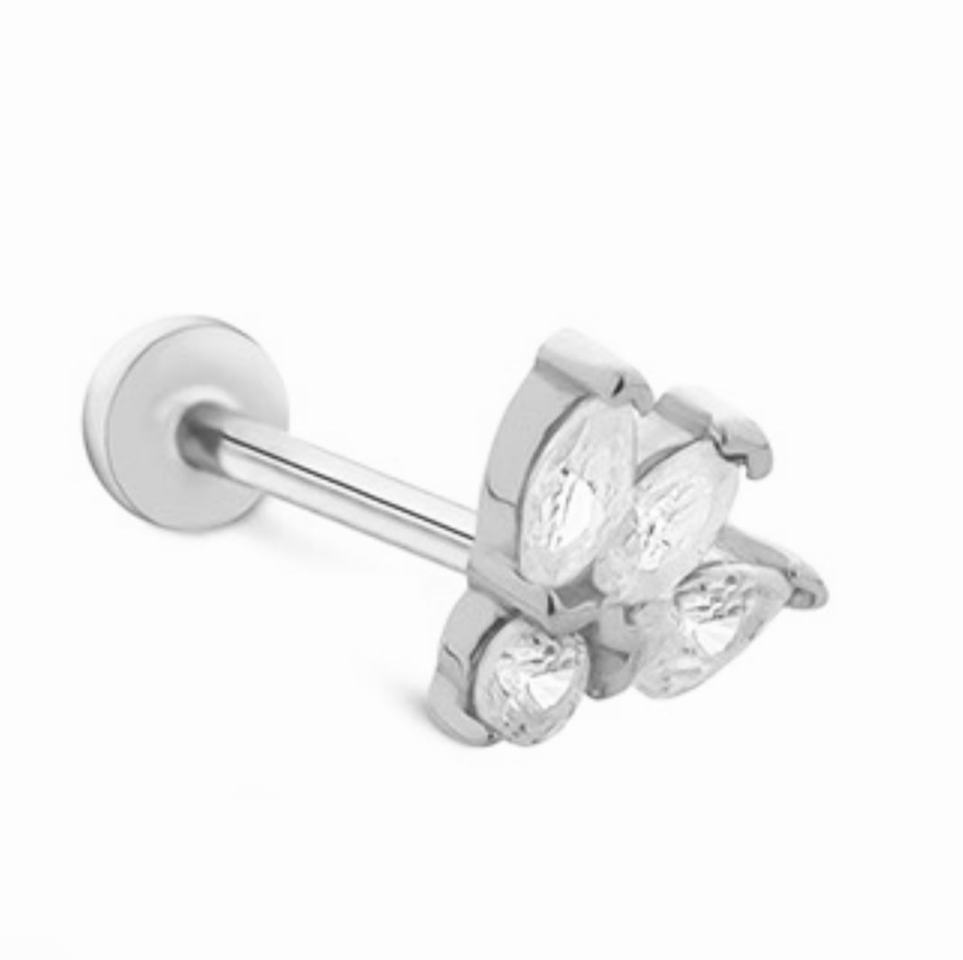 Lotus stud piercing earring with clear zircons - 14K Solid White Gold