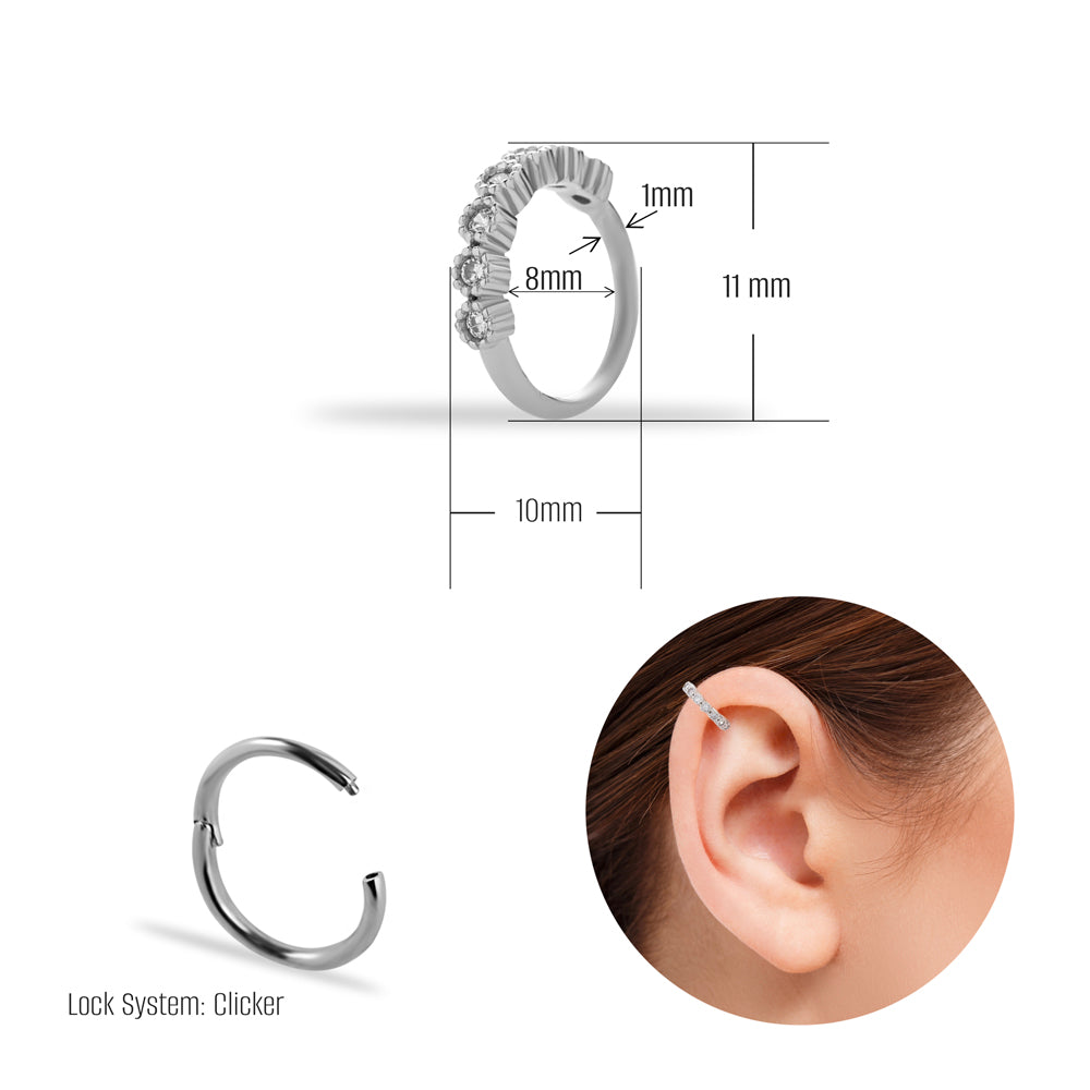 Hoop piercing earring with clear zircons- 14K Solid White Gold