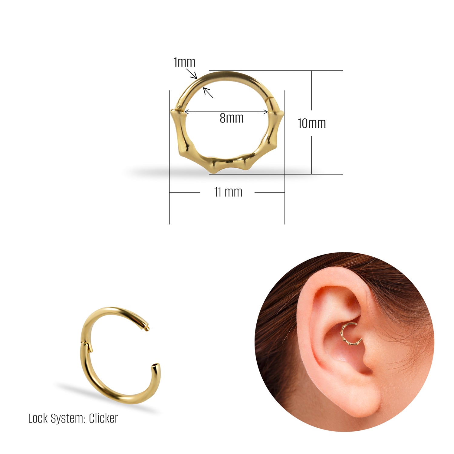 8mm Hoop piercing earring - 14K Solid Yellow Gold