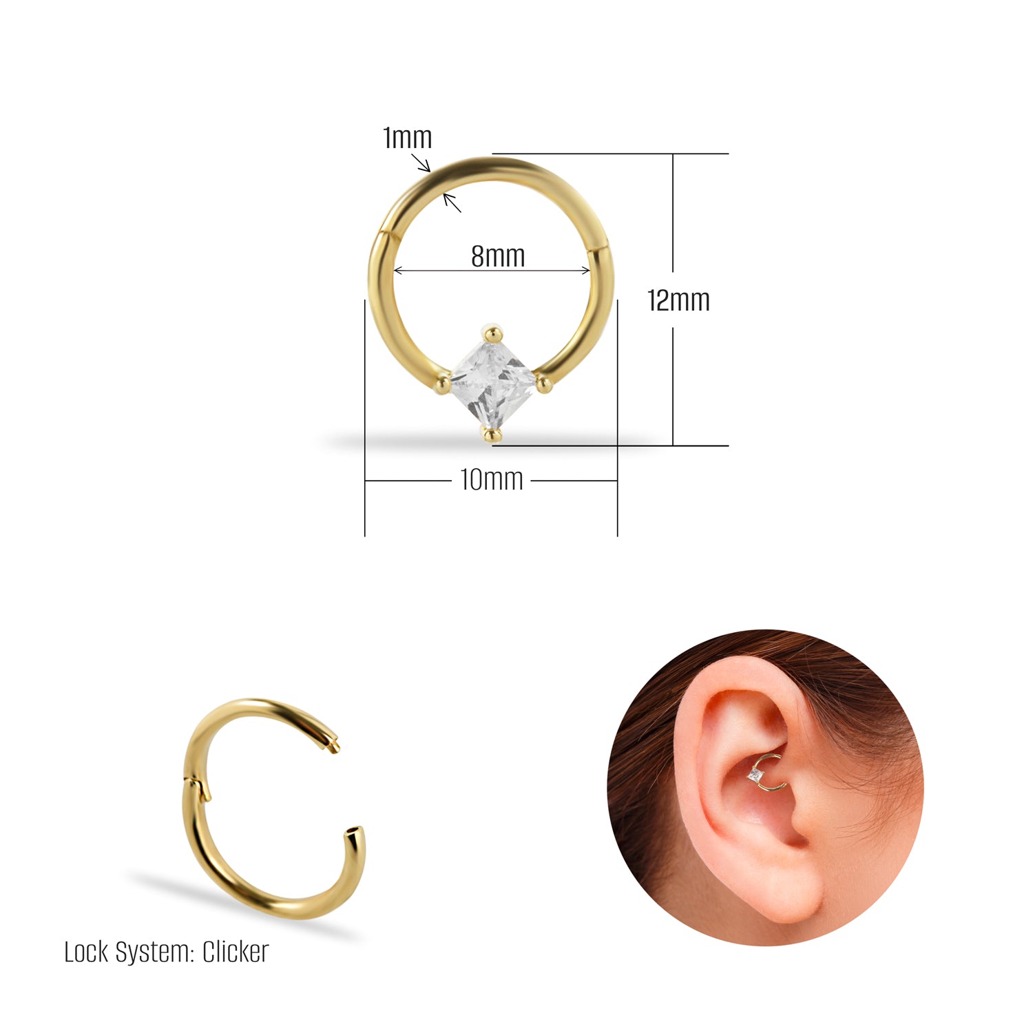 8mm Hoop piercing earring with square clear zircon- 14K Solid Yellow Gold