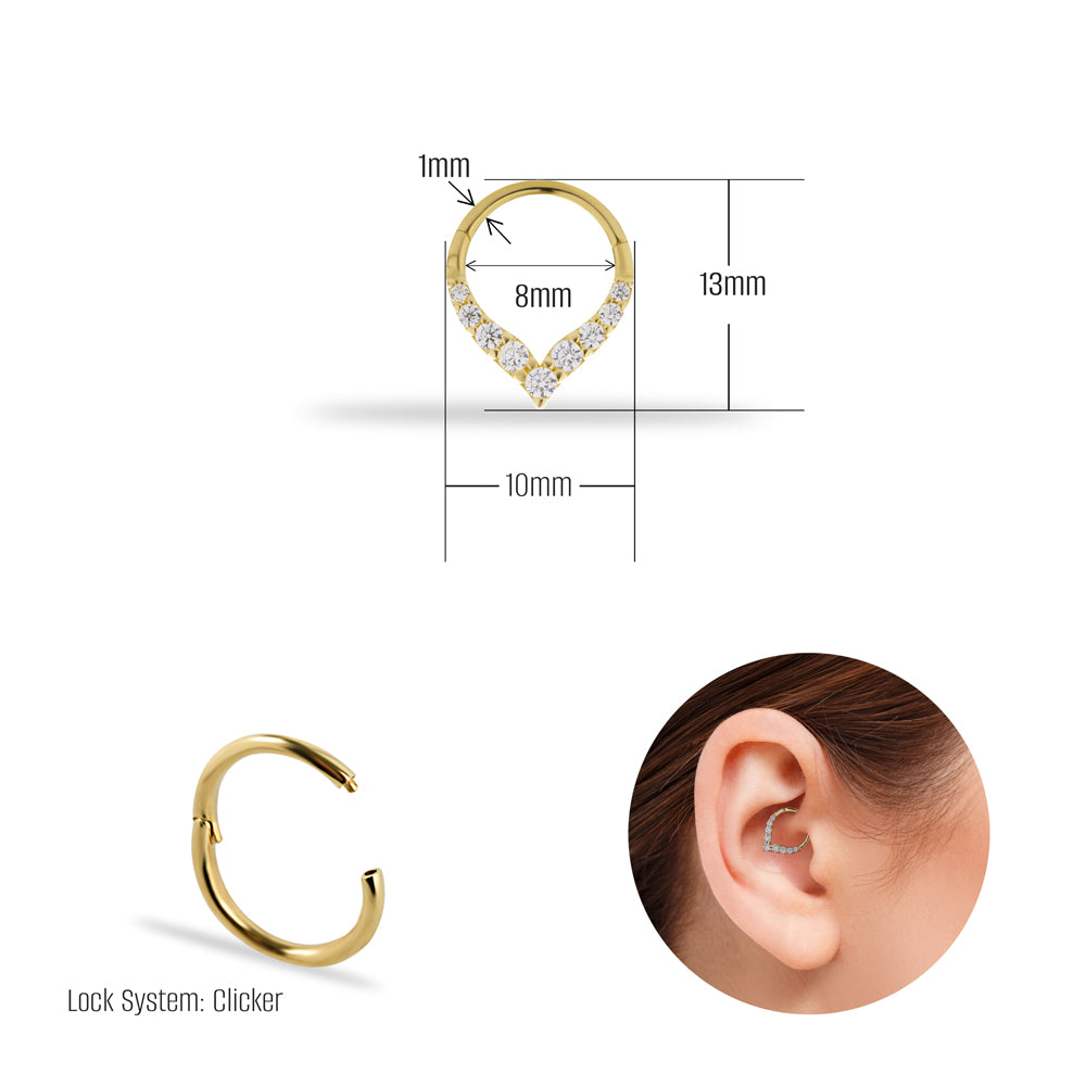 8mm Hoop piercing earring with clear zircons- 14K Solid Yellow Gold