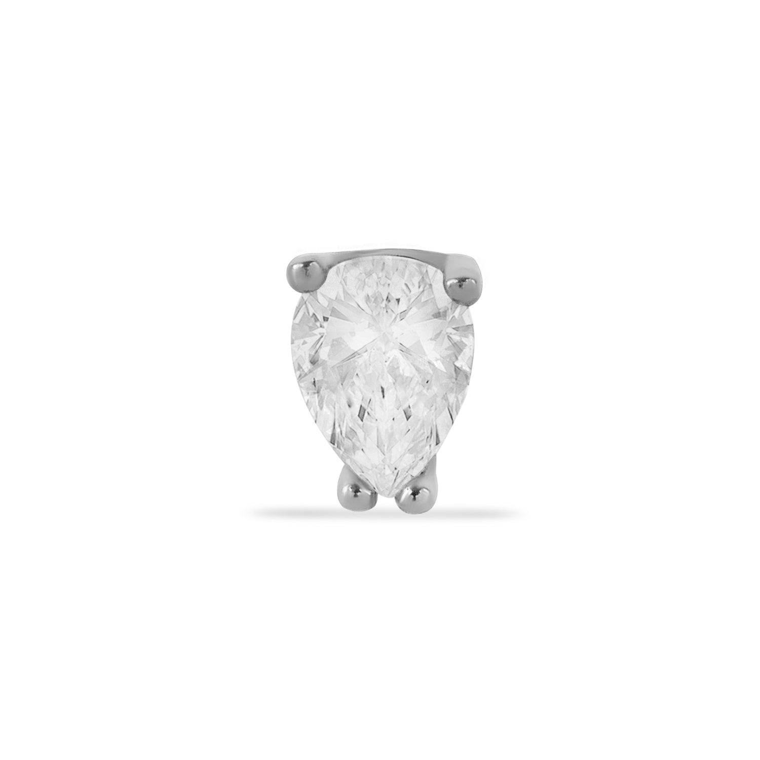 Drop stud piercing earring with clear zircons - 14K Solid White Gold