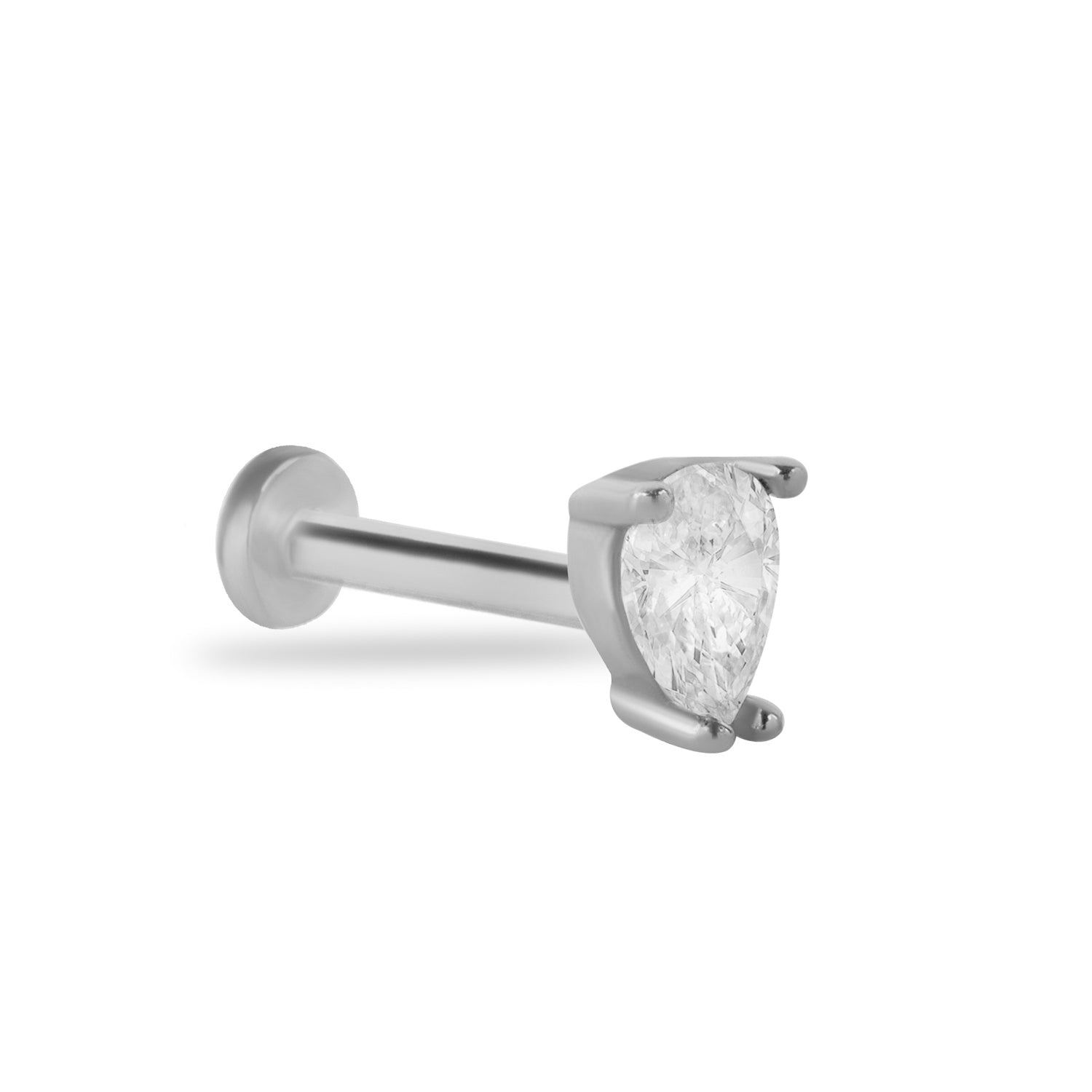 Drop stud piercing earring with clear zircons - 14K Solid White Gold