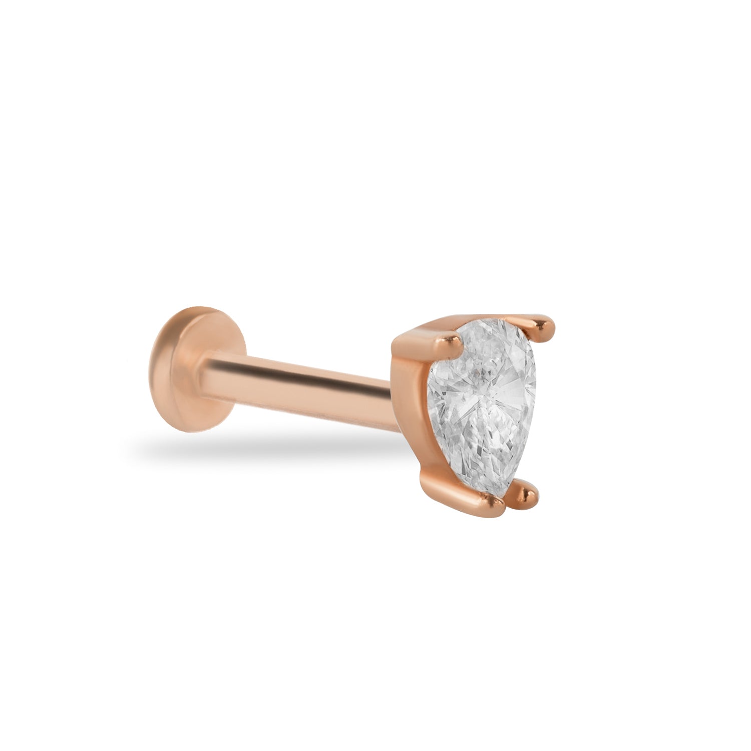 Drop stud piercing earring with clear zircon- 14K Solid Rose Gold