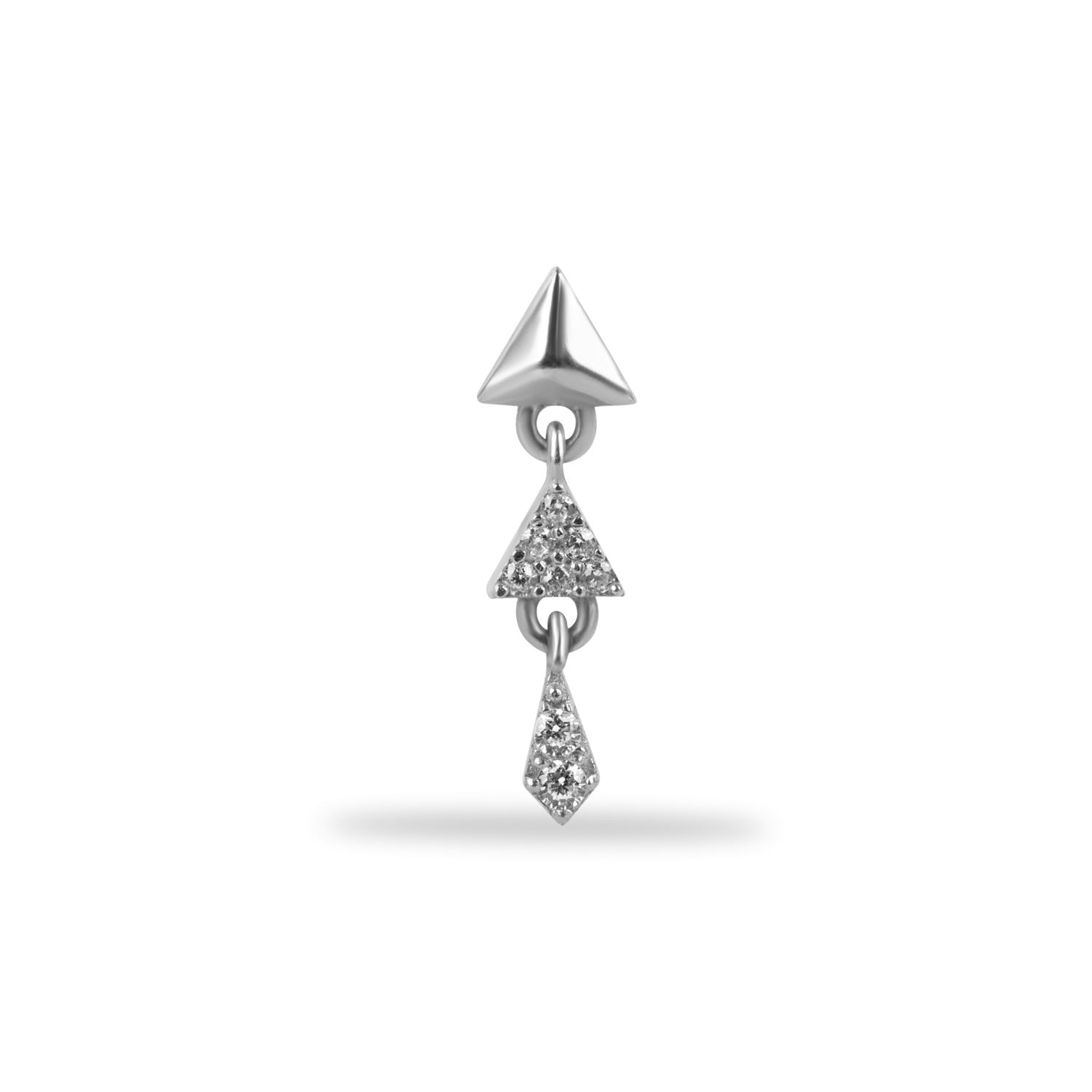 Triangle stud piercing earring with hanging zircons - 14K Solid White Gold