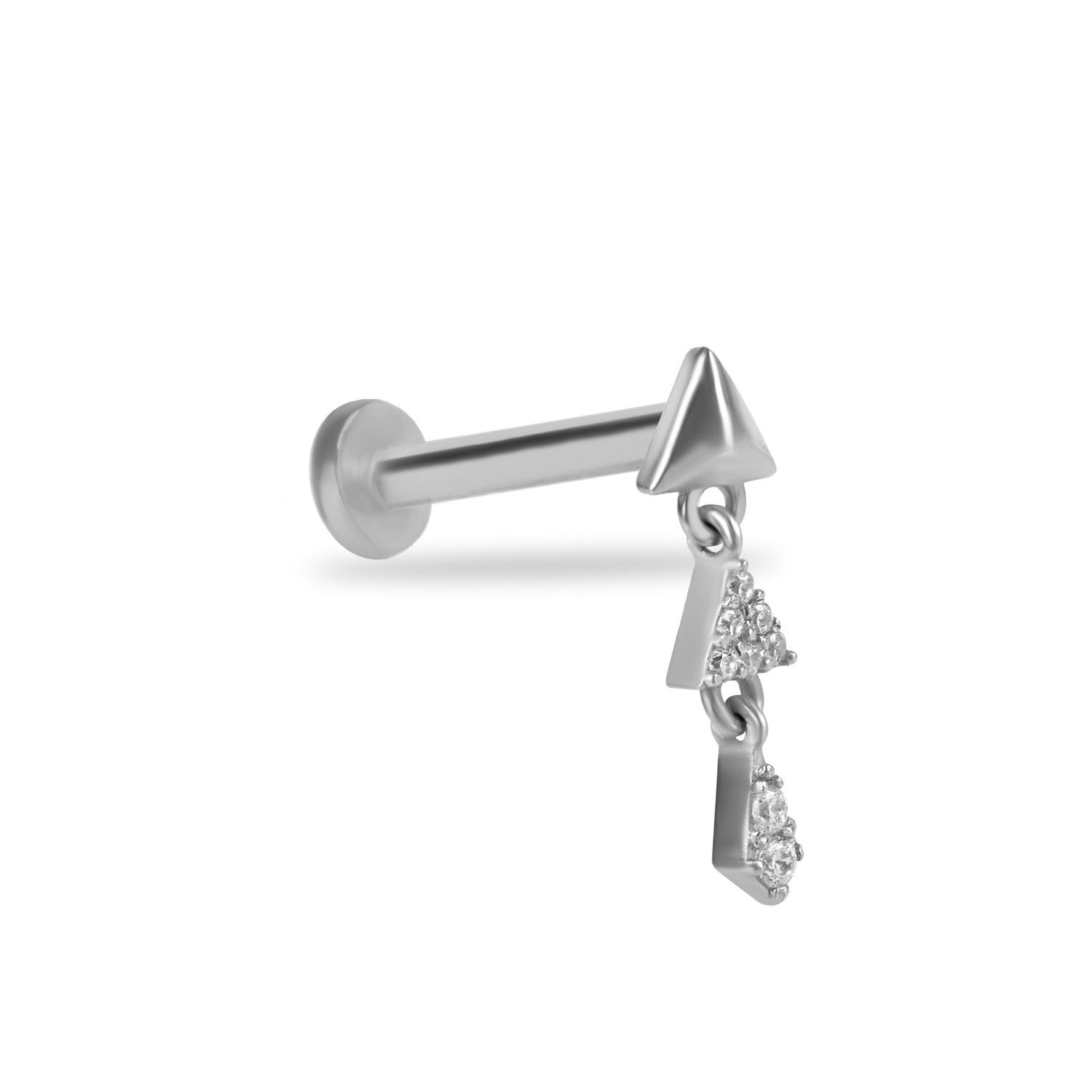 Triangle stud piercing earring with hanging zircons - 14K Solid White Gold