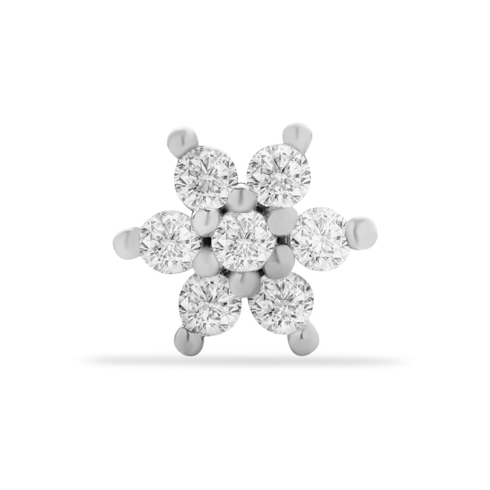 Flower stud piercing earring with clear zircons - 14K Solid White Gold