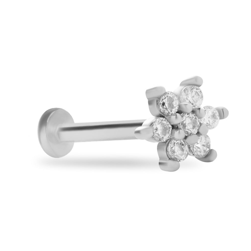 Flower stud piercing earring with clear zircons - 14K Solid White Gold