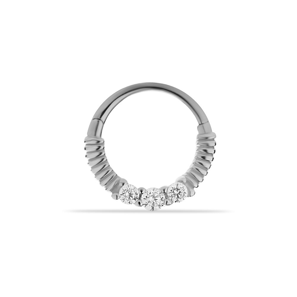 8mm Hoop piercing earring with clear zircons- 14K Solid White Gold