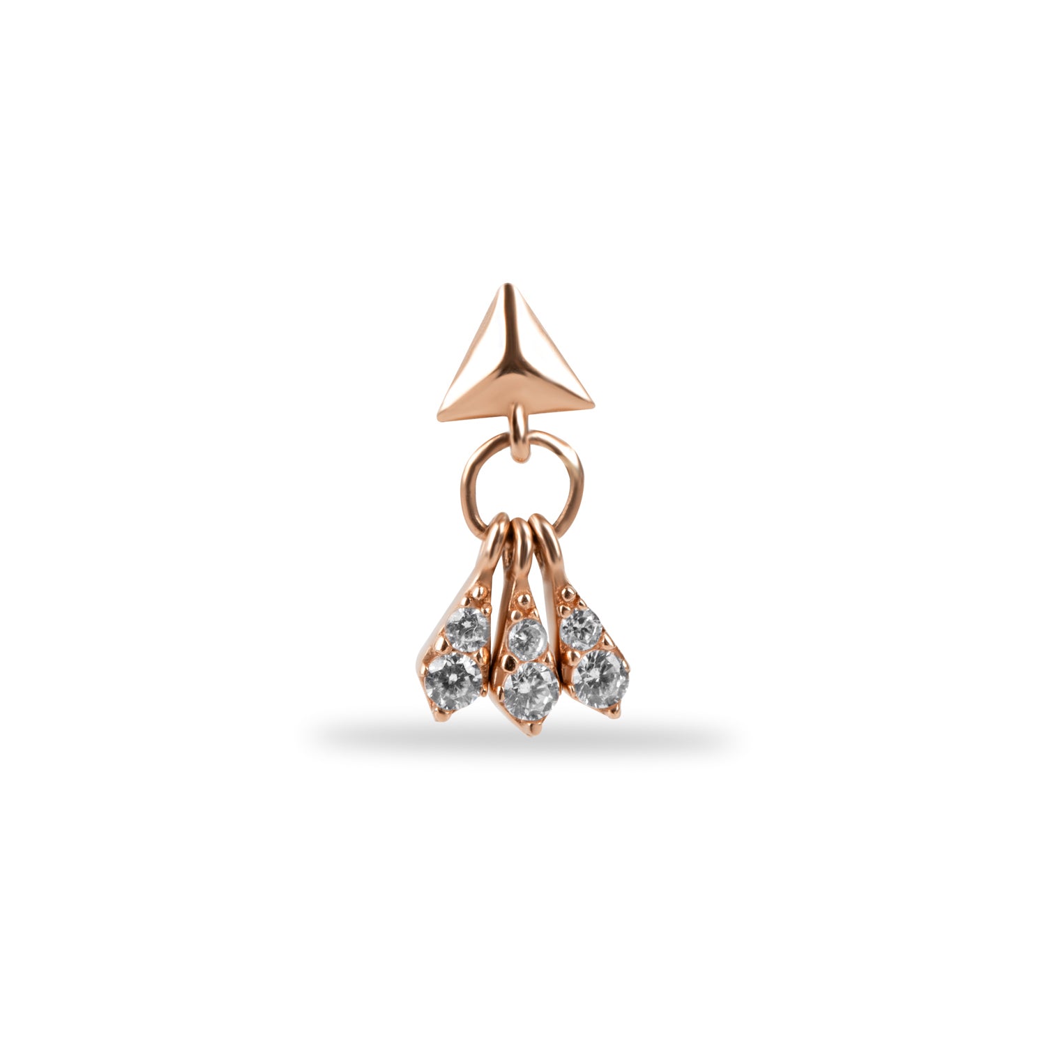 Stud piercing earring with hanging chain & clear zircons - 14K Solid Rose Gold