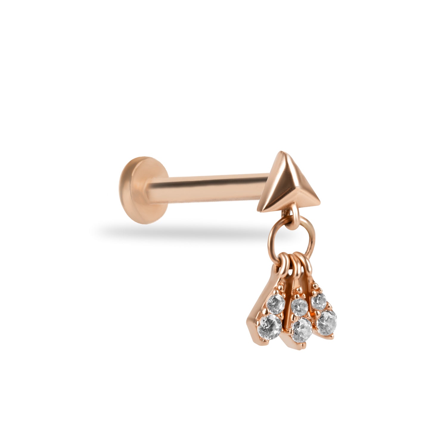 Stud piercing earring with hanging chain & clear zircons - 14K Solid Rose Gold