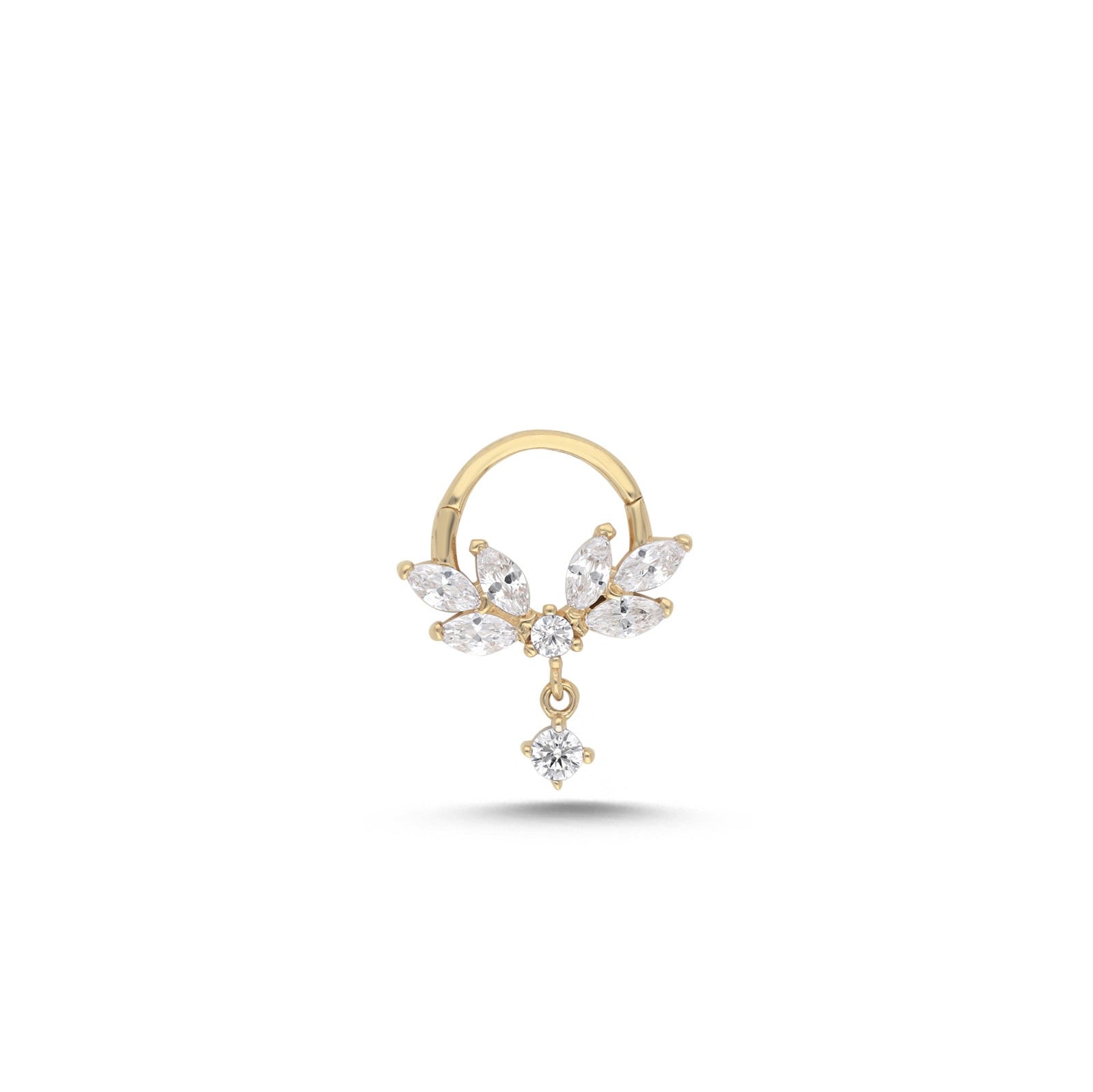 8mm Lotus hoop piercing earring with clear zircons and small pendant - 14K Solid Yellow Gold