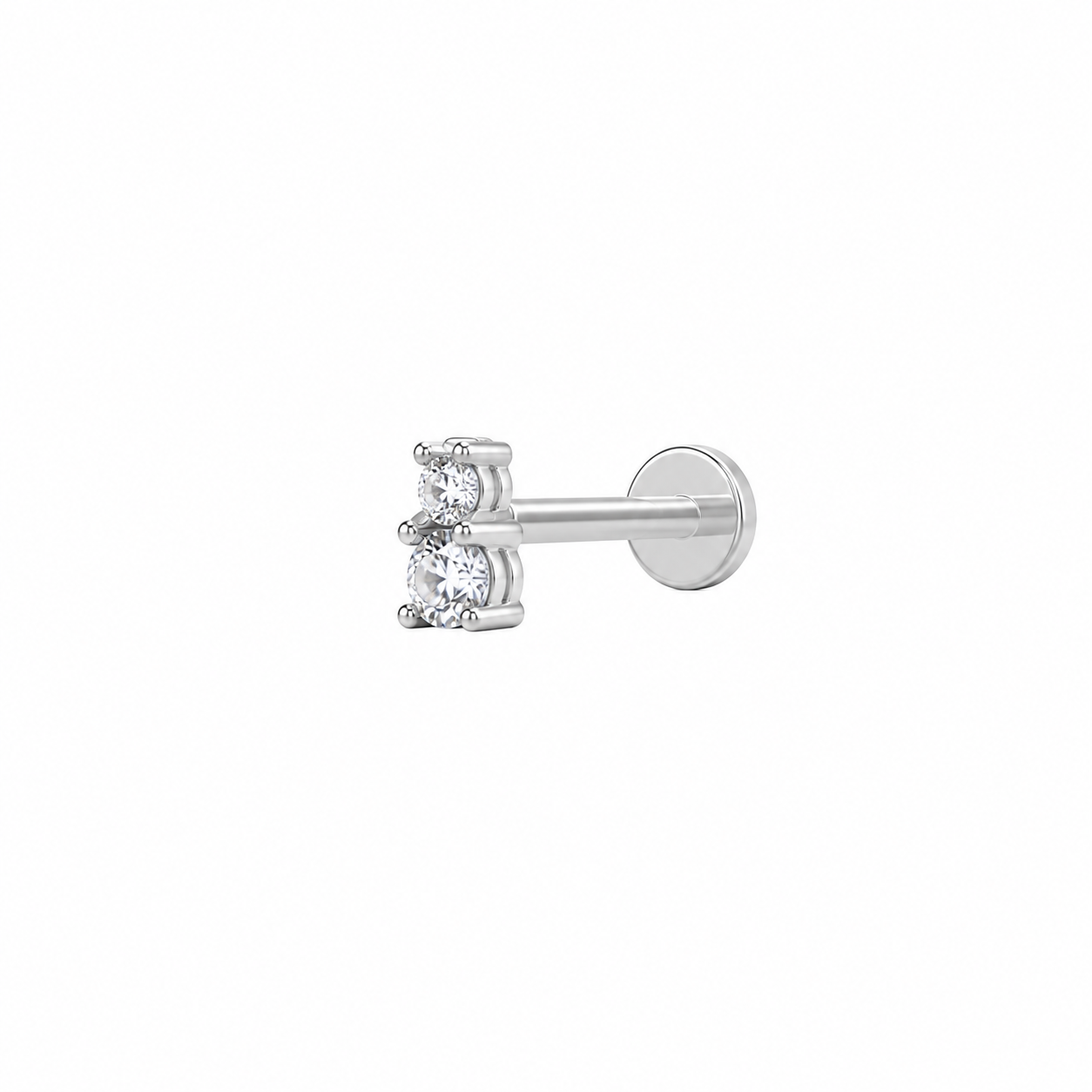 Stud piercing earring with clear zircons - 14K Solid White Gold