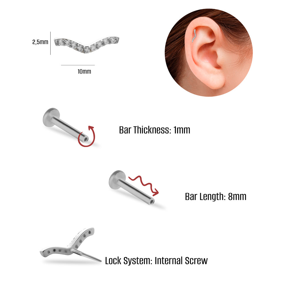 Stud piercing earring with clear zircons  - 14K Solid White Gold