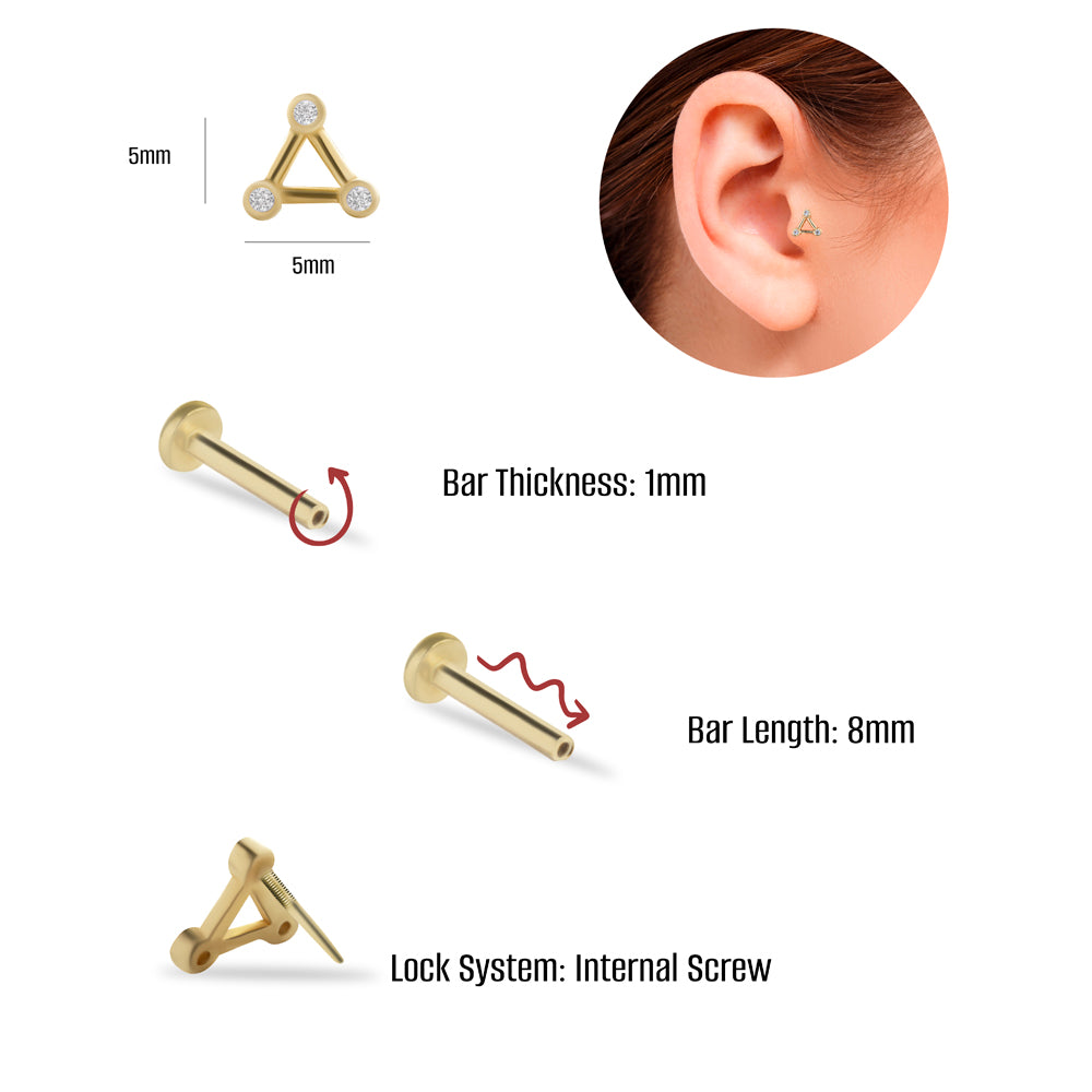 Triple stud piercing earring with clear zircons - 14K Solid Yellow Gold