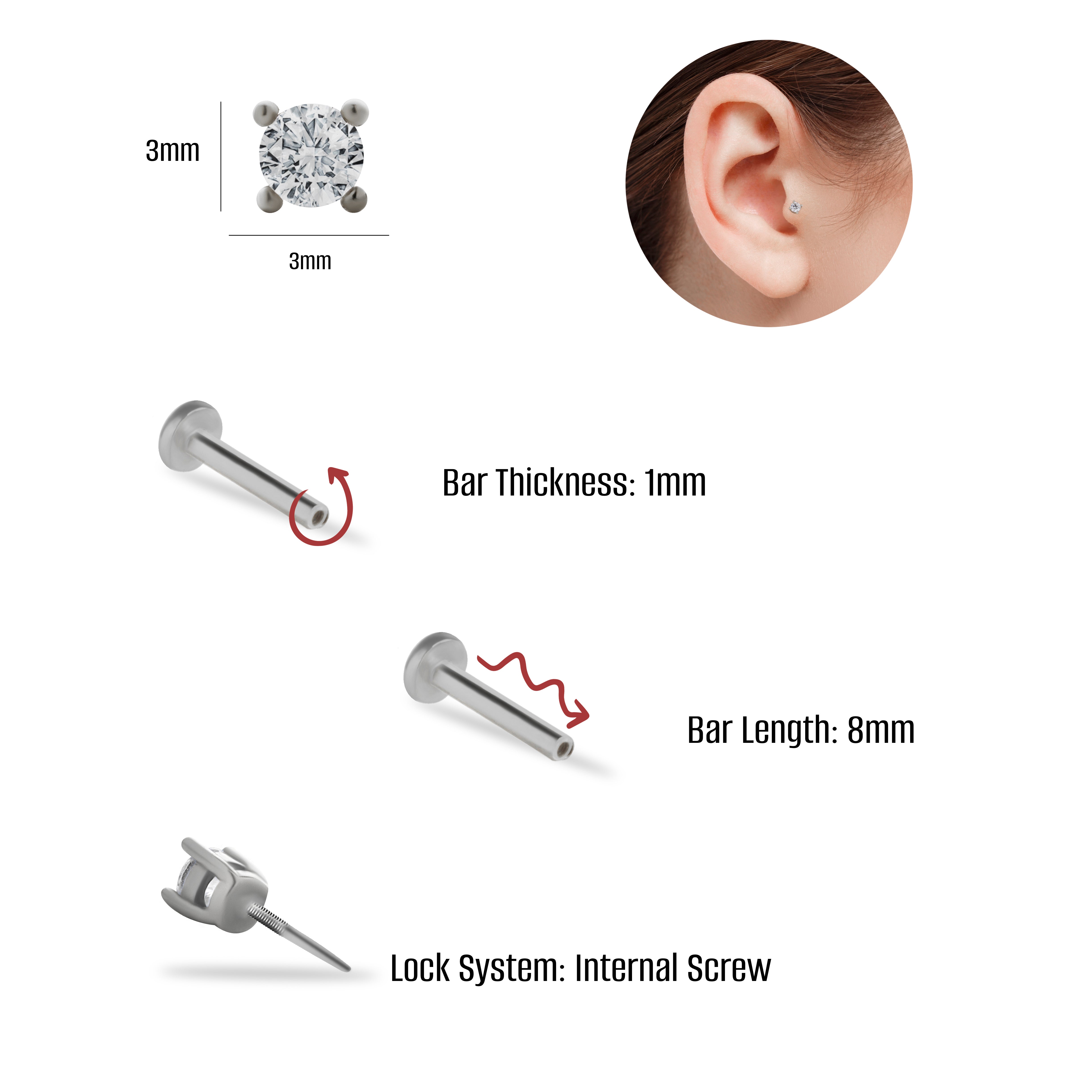 Dot stud piercing earring with clear zircons - 14K Solid White Gold