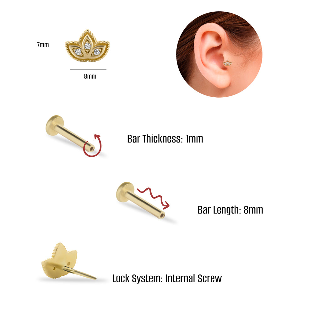 Lotus stud piercing earring with clear zircons - 14K Solid Yellow Gold