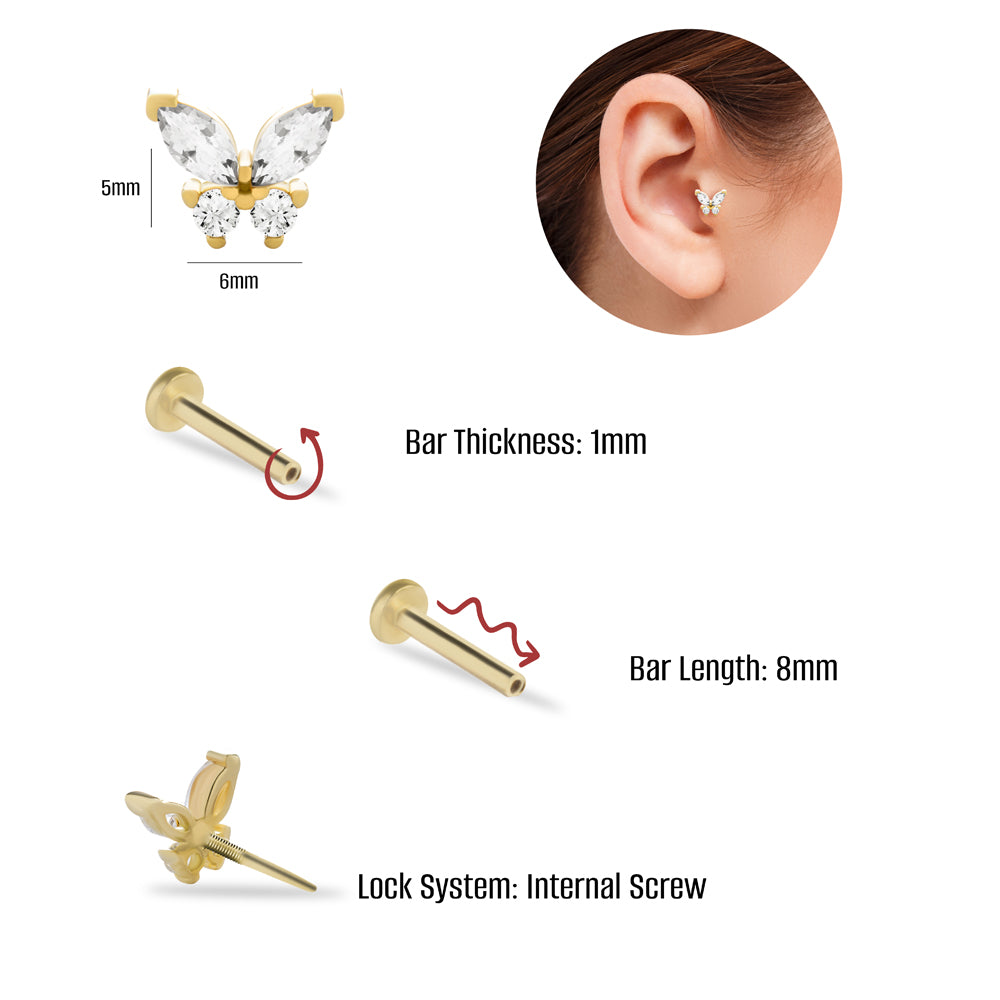 Butterfly Stud piercing earring with clear zircons - 14K Solid Yellow Gold