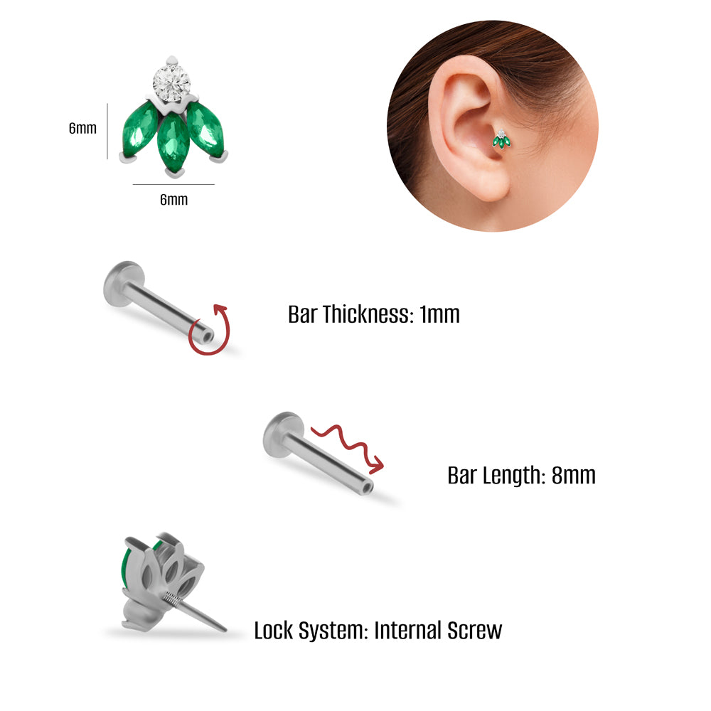 Lotus stud piercing earring with clear & green  zircons - 14K Solid White Gold