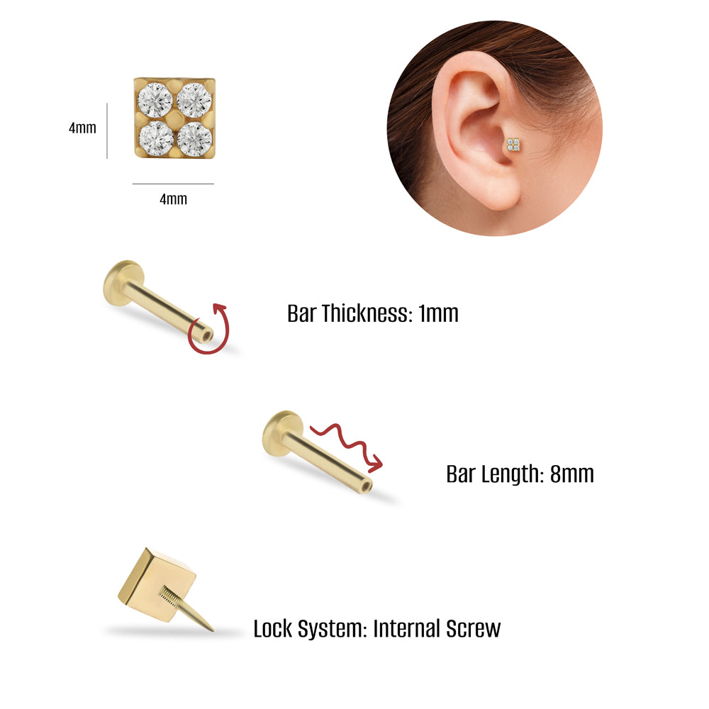 Square stud piercing earring with clear zircons - 14K Solid Yellow Gold