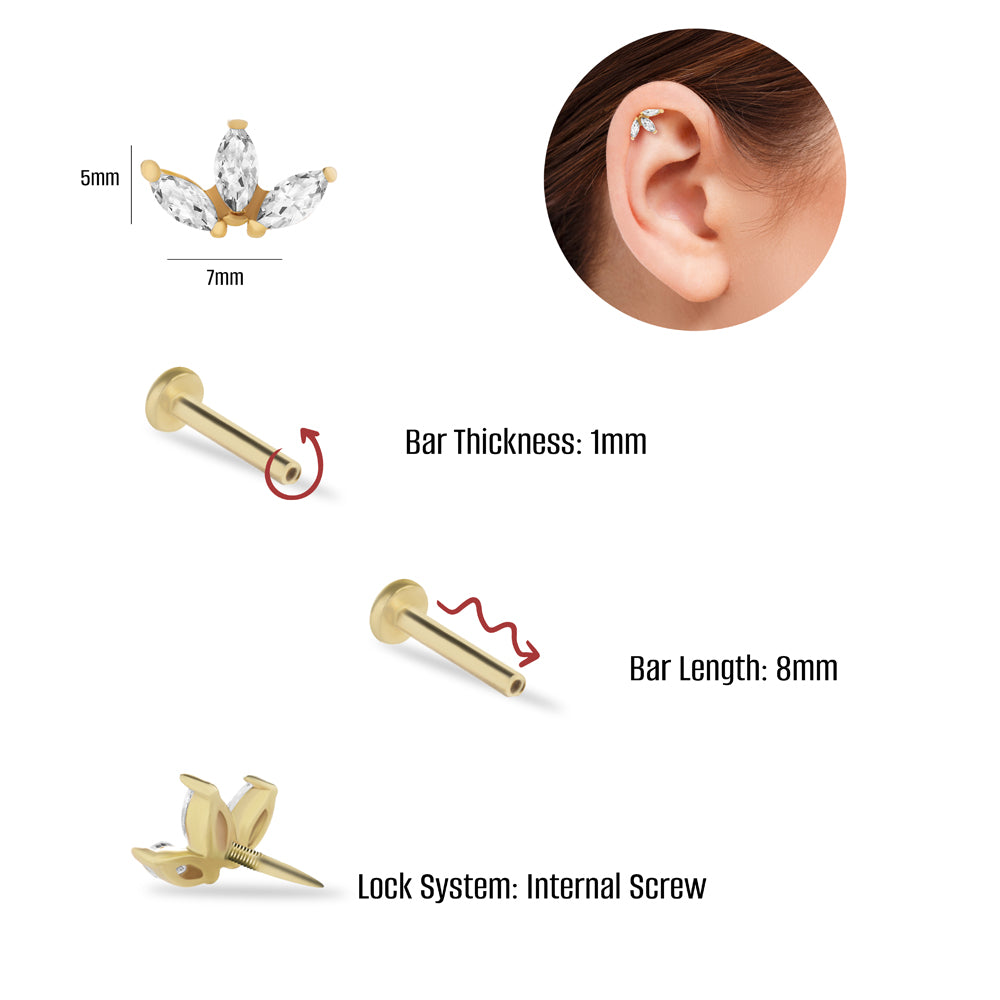 Lotus flower stud piercing earring with clear zircons - 14K Solid Yellow Gold