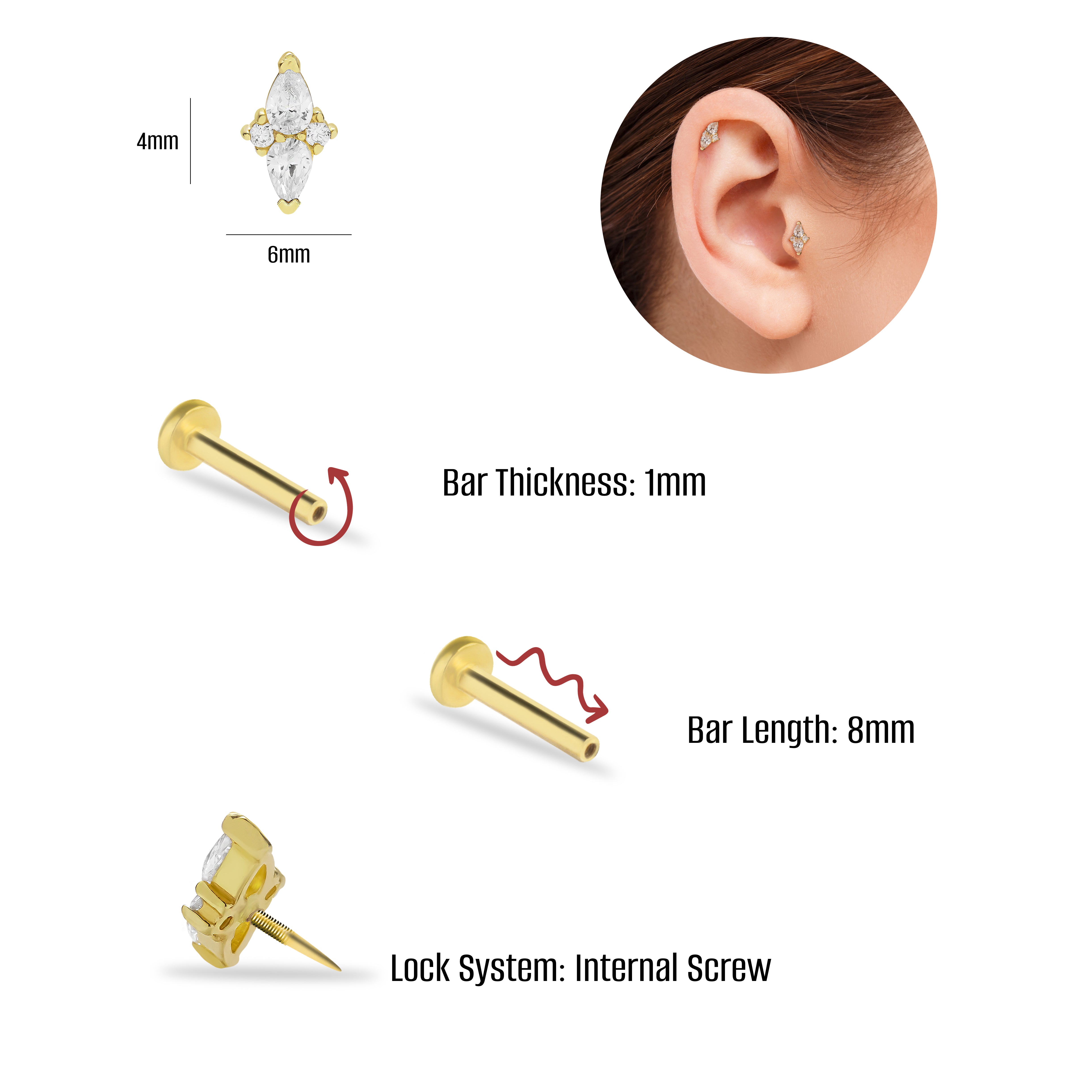 Stud piercing earring with clear zircon - 14K Solid Yellow Gold