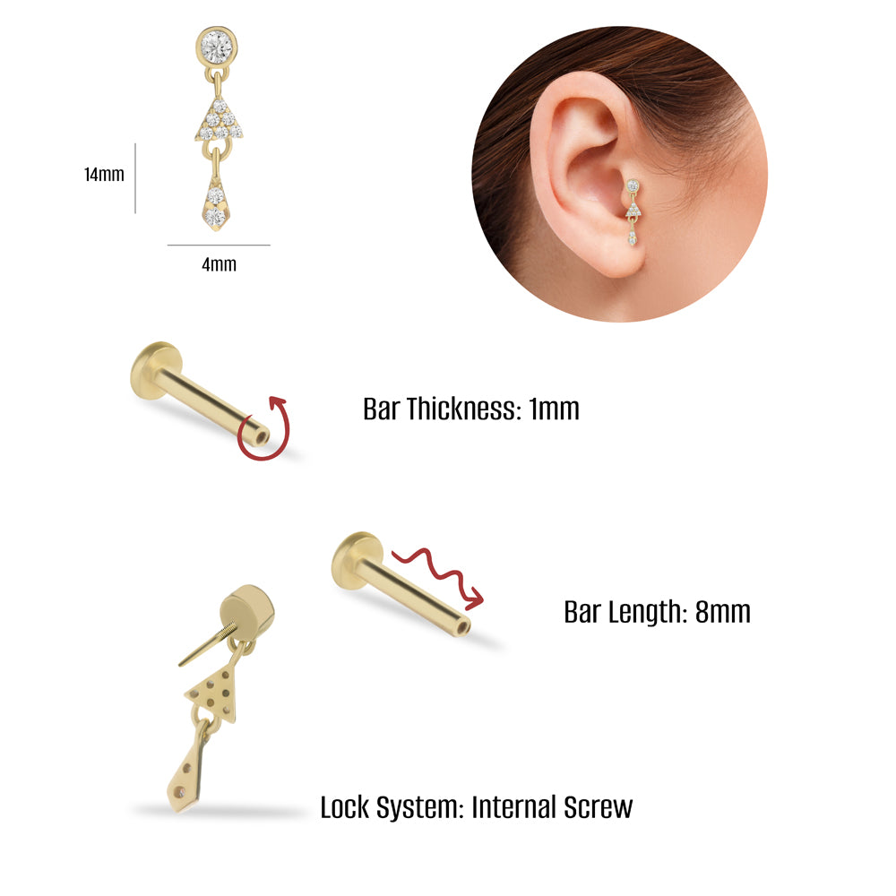 Stud piercing earring with clear zircon & hanging chain - 14K Solid Yellow Gold